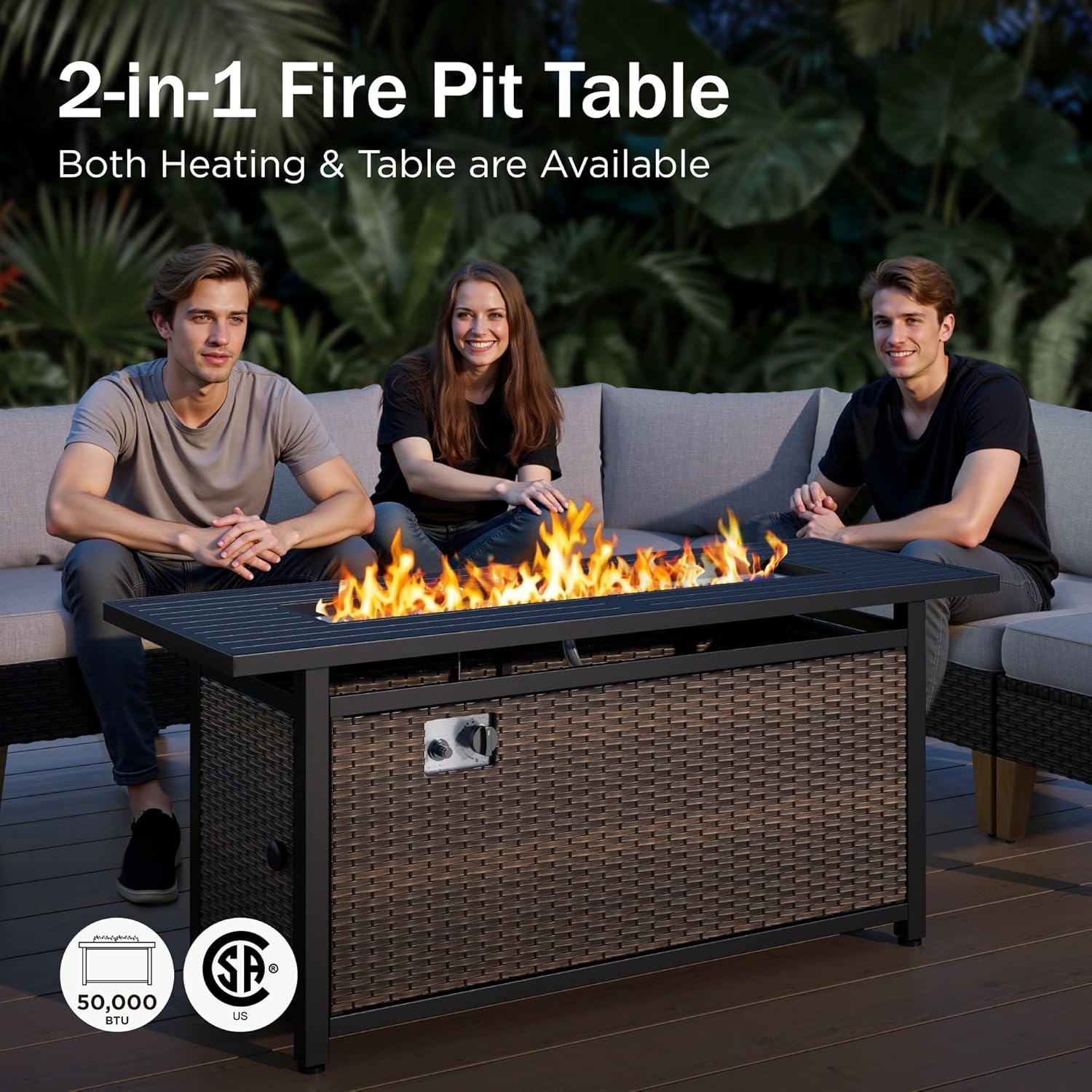 PHI VILLA 9-Seat Outdoor Wicker Furniture Set with 4-inch Thick Cushions, High Back Wicker Sofa with Gas Fire Pit Table for Cozy Patio Conversations in Elegant Beige (3 Seat Sofa)