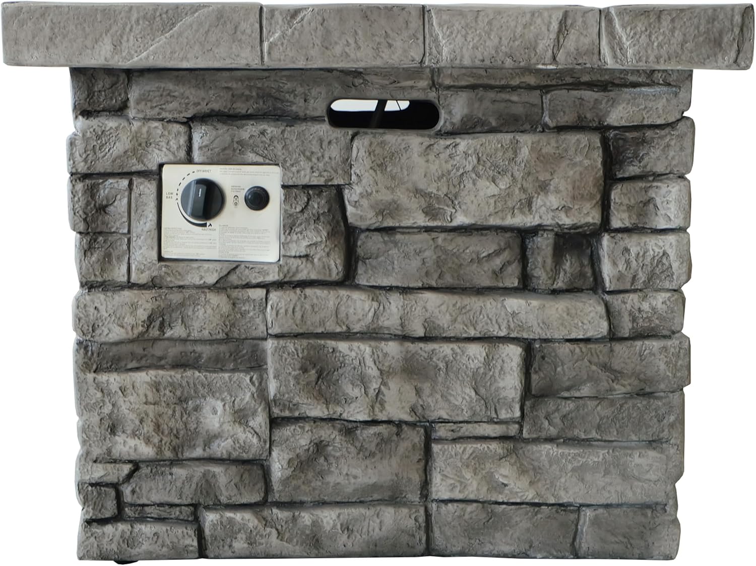 Roomfitters Square Outdoor Fire Pit Table with Stone-Look Magnesium Oxide Base, Stylish and Functional Patio Accessory, Gray