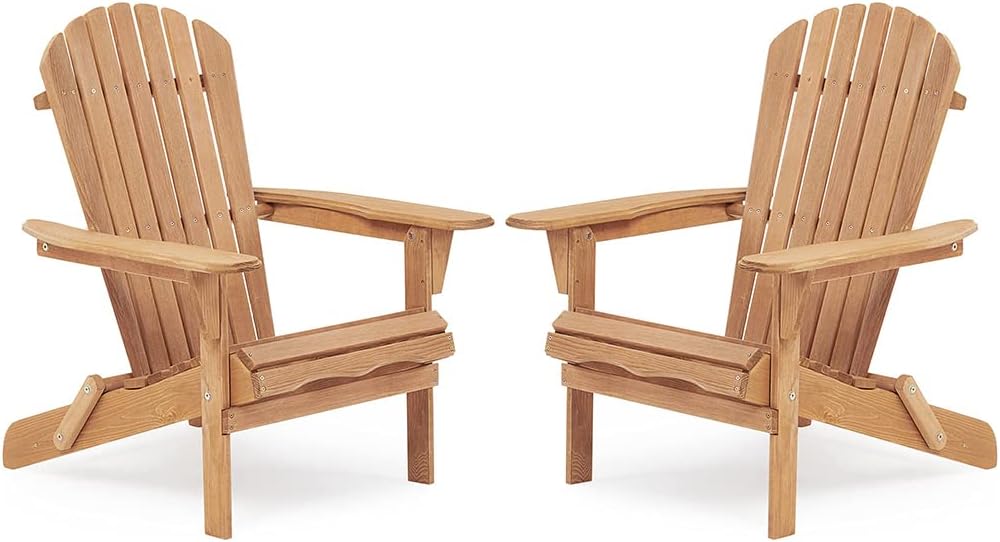 Folding Adirondack Chairs Set of 2, Outdoor Wooden Accent Furniture Fire Pit Lounge Chairs, Cedar All-Weather Lawn Chairs for Outdoor Porch Garden Backyard Deck, 350lb Weight Capacity,Natural