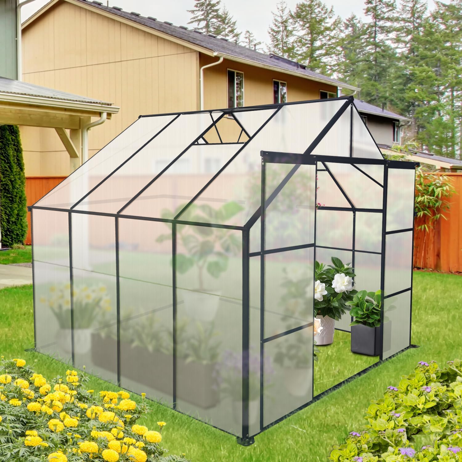 8 X 8 ft Walk-in Greenhouse, Heavy Duty Aluminum Frame, Double Door Polycarbonate Shed, Raised Base, Patio Backyard Garden Grow House in All Season