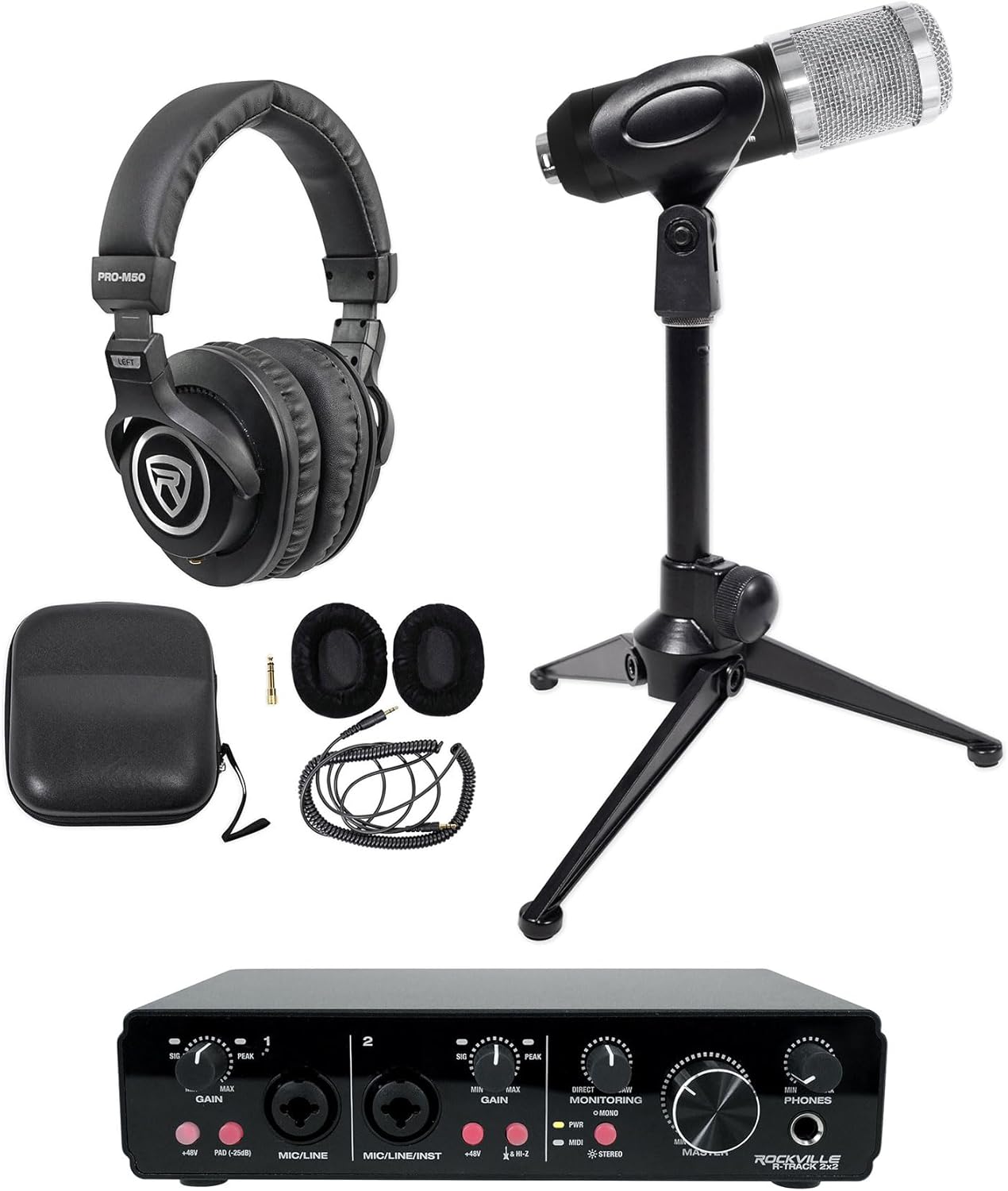 Rockville R-TRACK 2x2 Bundle: USB Computer Recording Interface 24 Bit, RCM01 Studio Condenser Microphone with Shock Mount, PRO-M50 Headphones, RDTS Tripod Stand, 4-items