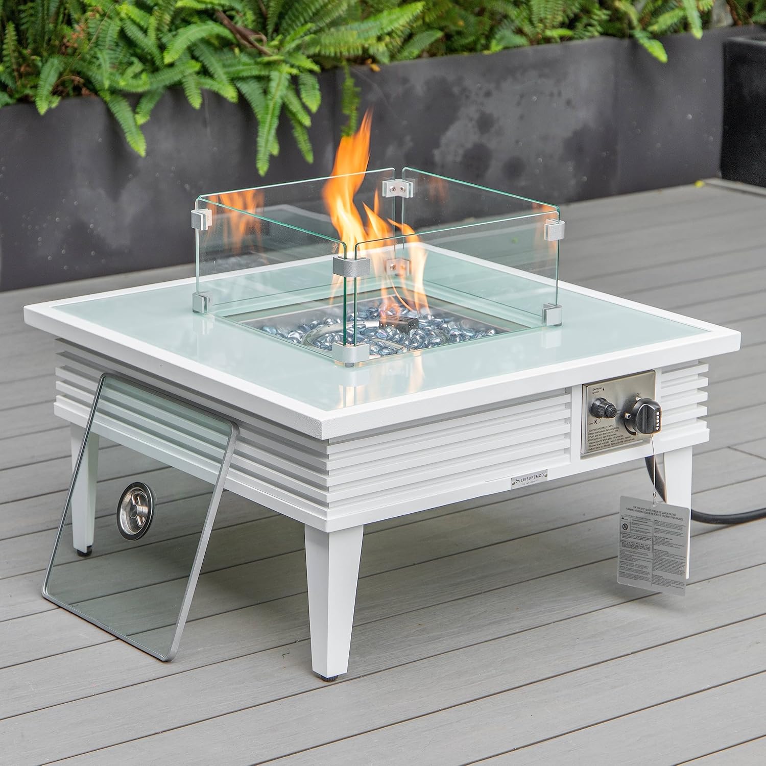 LeisureMod Walbrooke Modern Square Fire Pit Table and Tank Holder with Powder Coated Aluminum Slats Design for Patio and Backyard Garden, White