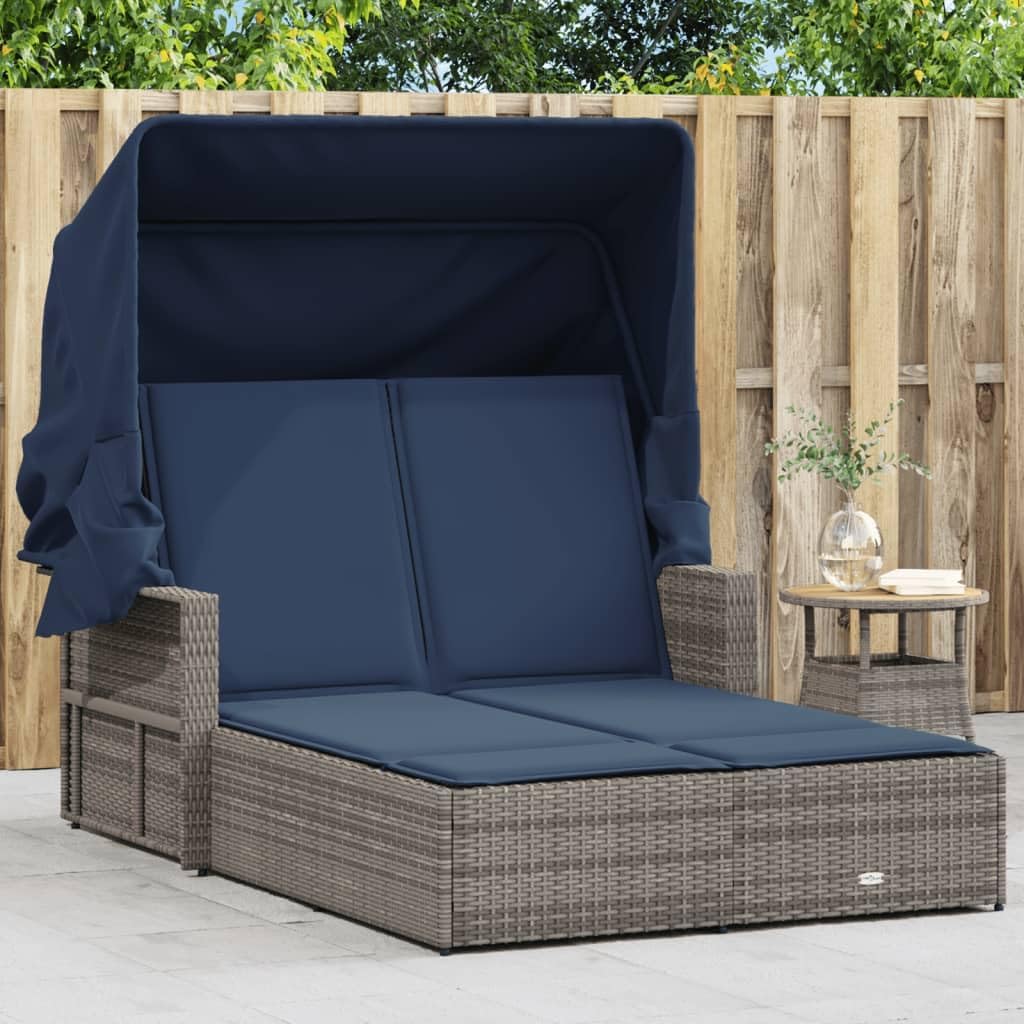 Double Sun Lounger with Canopy and Cushions Gray Poly Rattan, Patio Lounge Chairs