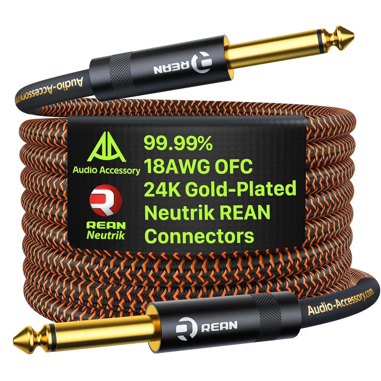 Pro Bass Guitar Cable 50 ft, Gold-Plated Neutrik REAN Connector, 18 AWG OFC, Braided 1/4 Inch Instrument Cable for Fender Electric Bass Guitar Combo Amp Rumble Marshall, Neon Orange/Black