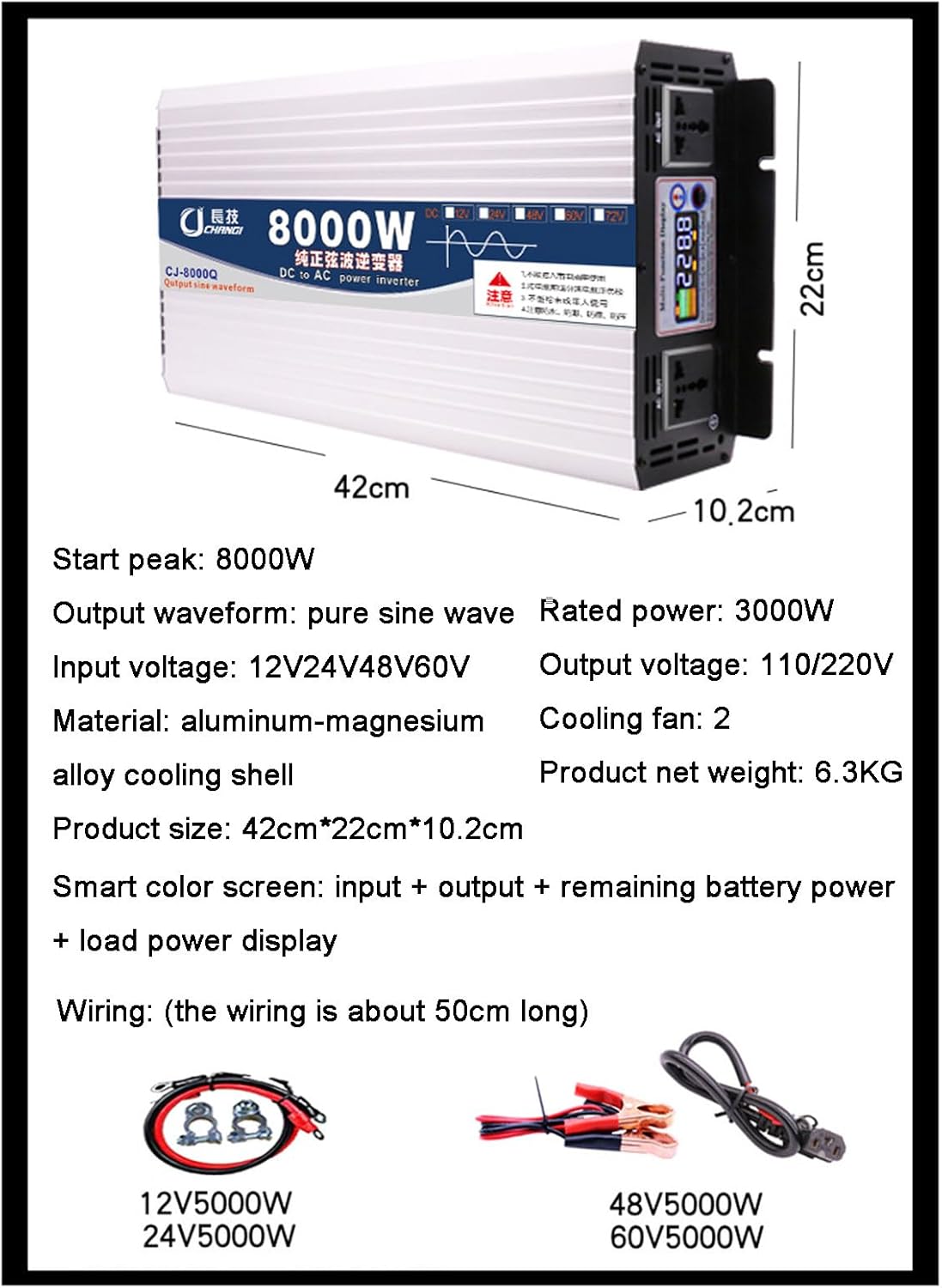 6000W-8000W Pure Sine Wave Power Inverter, with Smart Color Screen + 2 Universal Sockets, DC (12V/24V/48/60V) to AC (110V/220V), Suitable for Caravan Camping Travel,8000W-24V