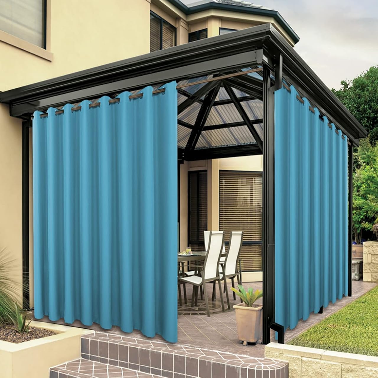 BONZER Extra Wide Waterproof Outdoor Curtains for Patio Heavy Privacy Light Filtering Grommet Outside Curtains for Porch, Pergola, Gazebo, 1 Panel, 150W x 108L inch, Teal