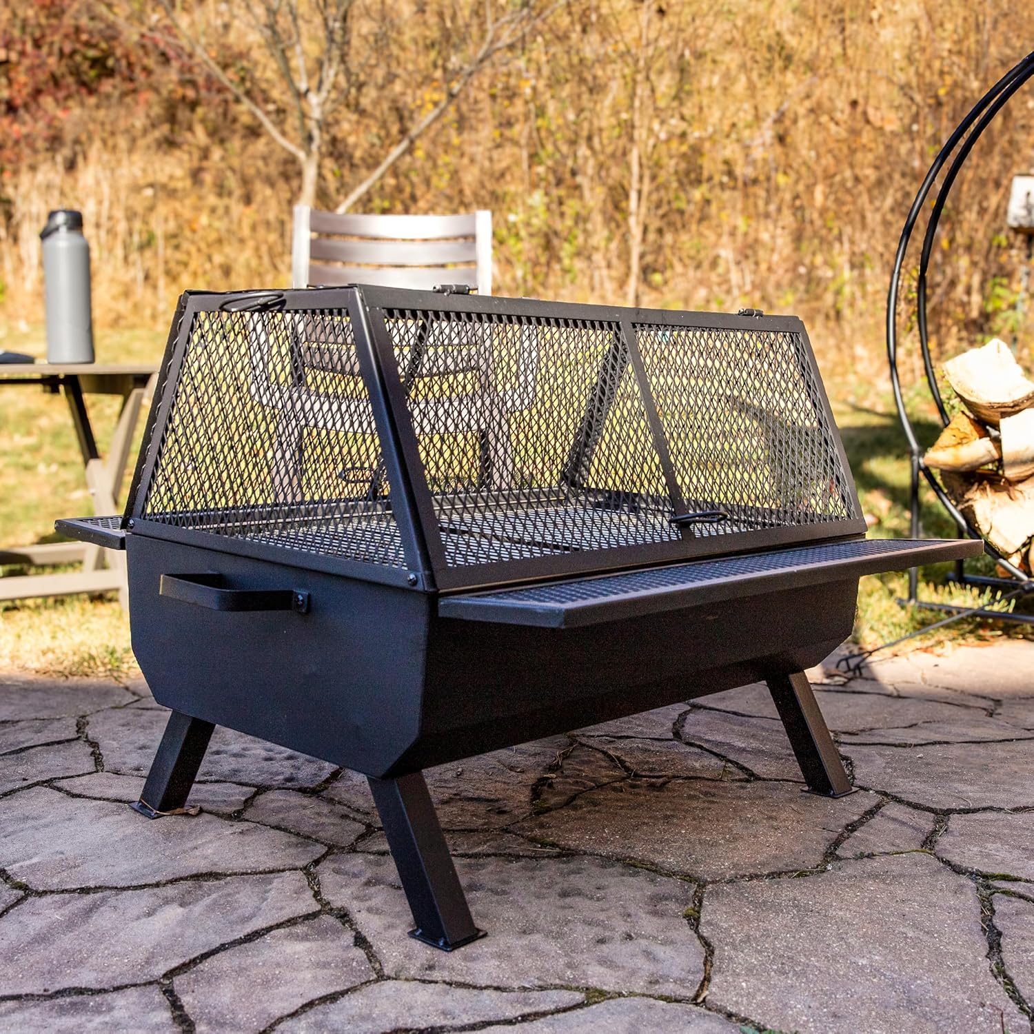 Sunnydaze 36-Inch Steel Outdoor Fire Pit with Grill and Spark Screen - PVC Protective Cover - Heat-Resistant Finish - Black