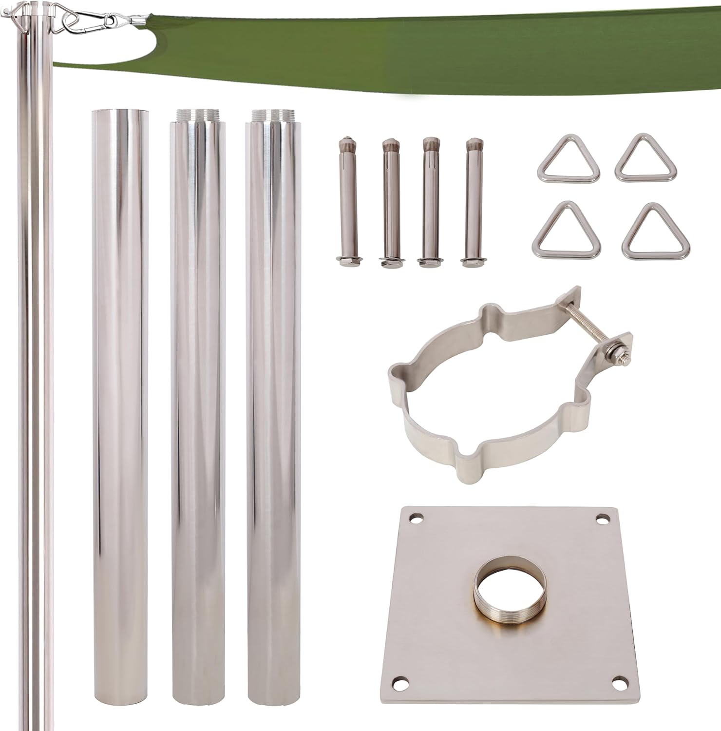 8ft Heavy Duty Stainless Steel Canopy Pole with Base Plate – Silver, Ideal for Yard, Patio, Playground, Market Stalls – Rust Durable Support