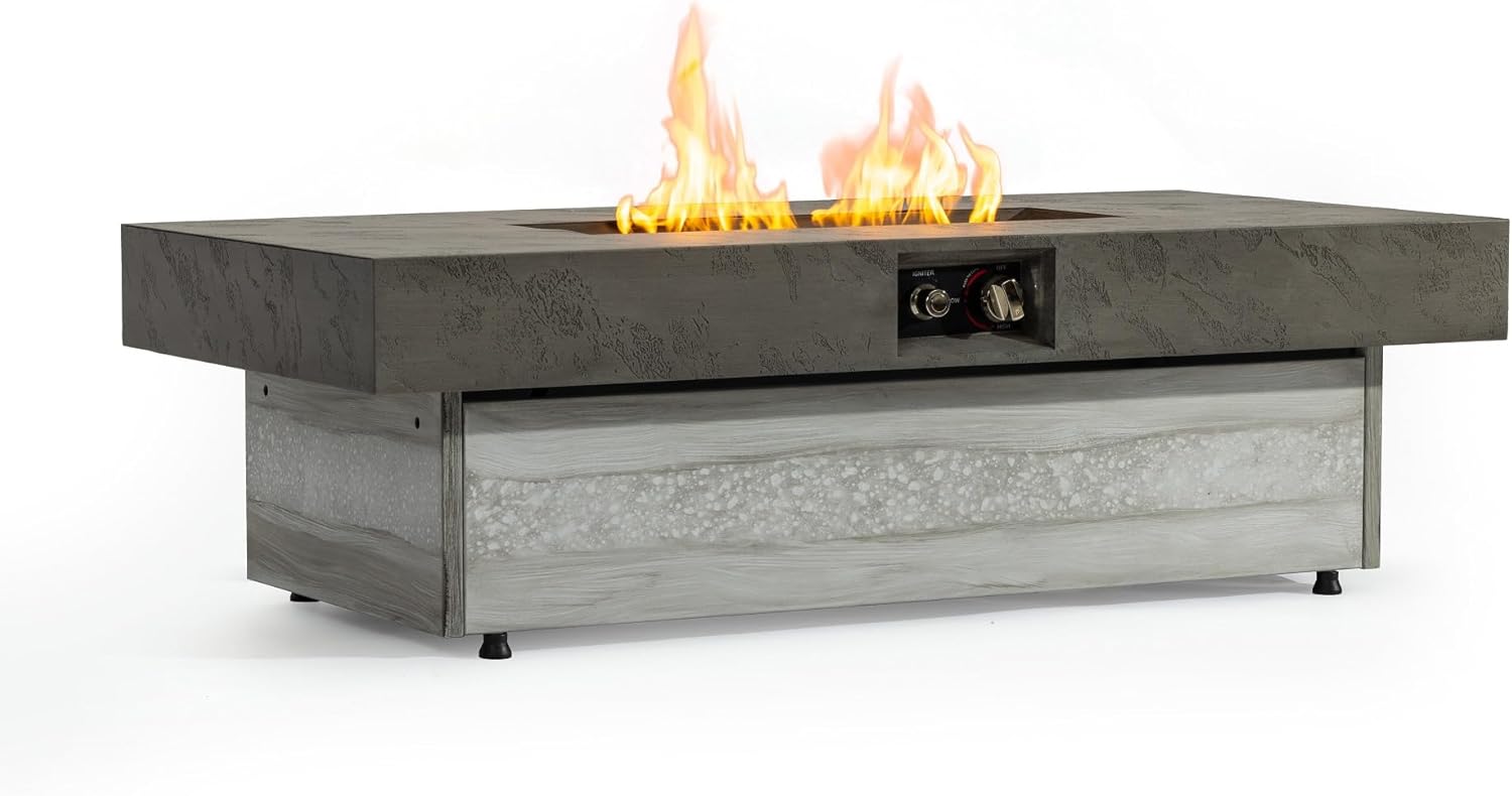 Modern Outdoor 48-Inch Rectangle Propane Fire Pit Table, Cement Grey Iron Construction, 50000 BTU, Adjustable Height with Glass Stones for Patio
