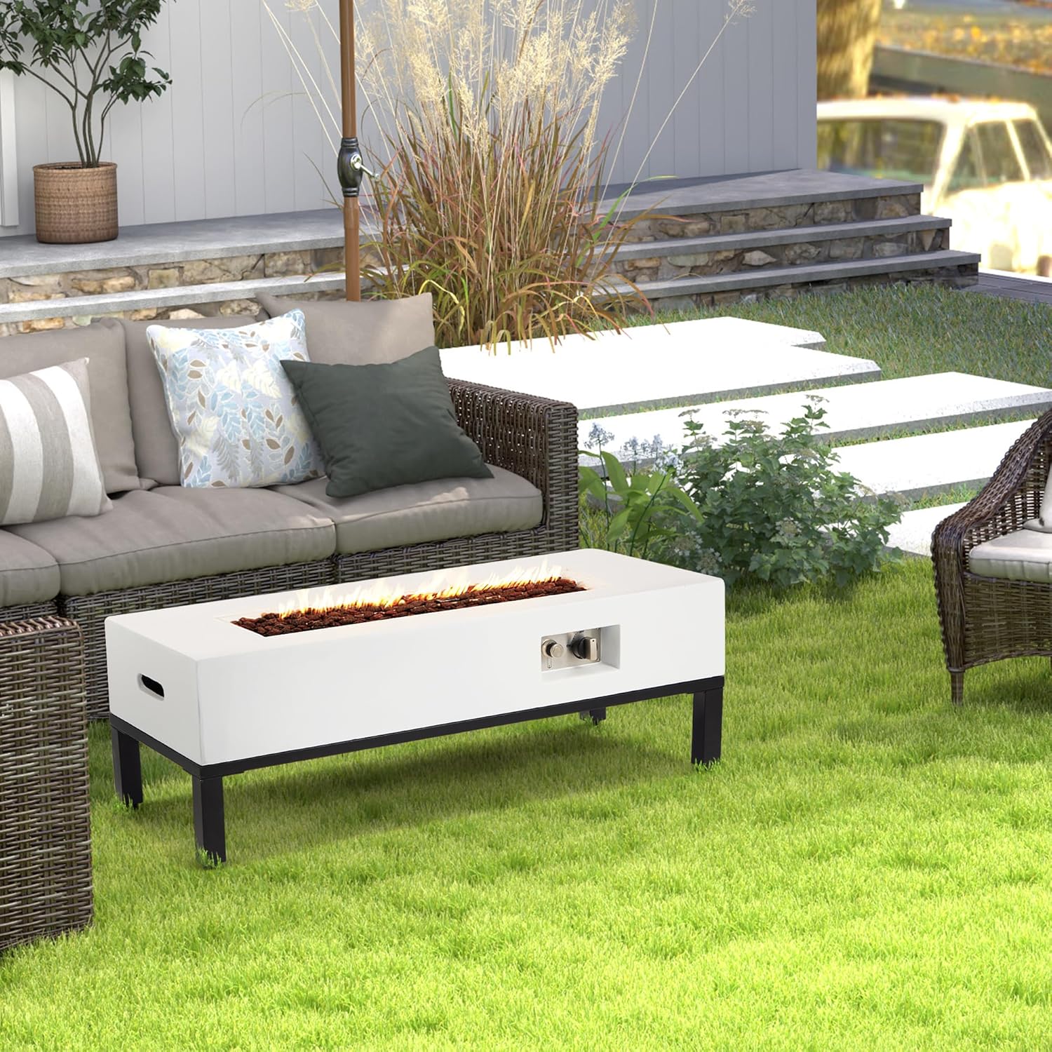 50,000 BTU Rectangle Propane Fire Pit Table w/Tank Table, Outdoor Gas Fireplace for Patio - Includes Rain Cover, Lava Rocks, Auto-Ignition Stand