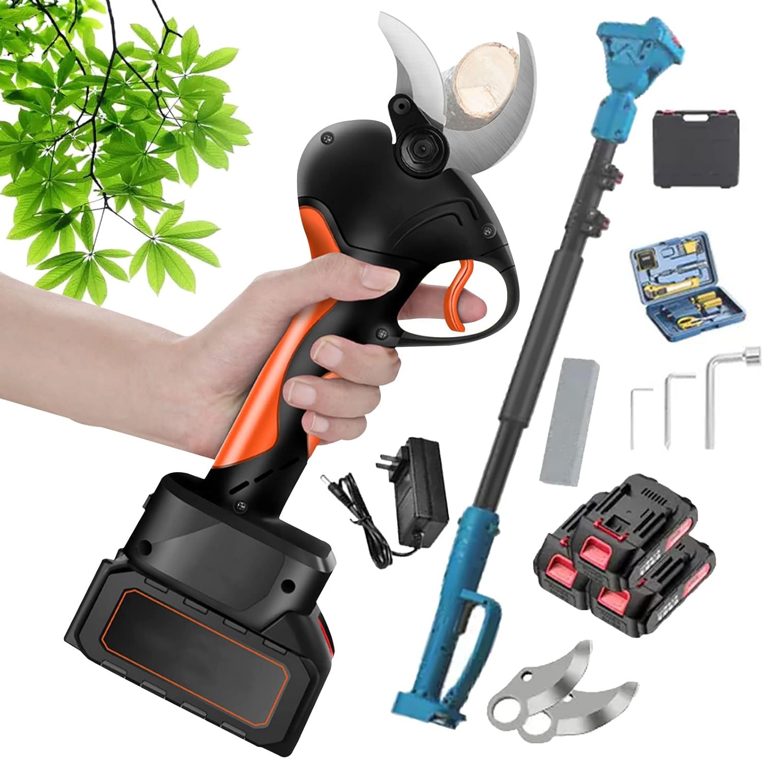 Electric Pruning Shears Cordless Gardening Secateurs 500mm Cutting Diameter Powerful Pruning Scissors with Toolbox and Extension Pole and Power Display for Garden Pruning and Grafting