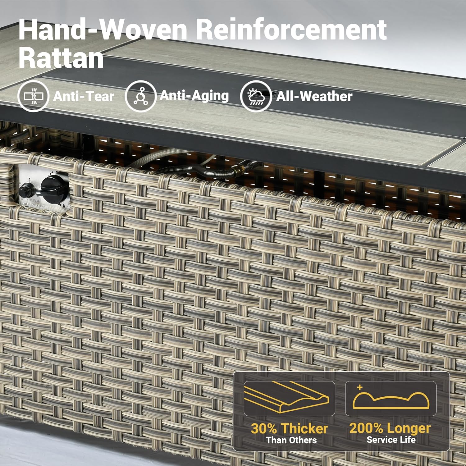 OVIOS 54 Inch Outdoor Patio Fire Pit Table, 50,000 BTU Heater PE Rattan Propane Firepits with Ceramic Tabletop, Waterproof Cover, Lid and Lava Rock, Rectangular, Mixed Color