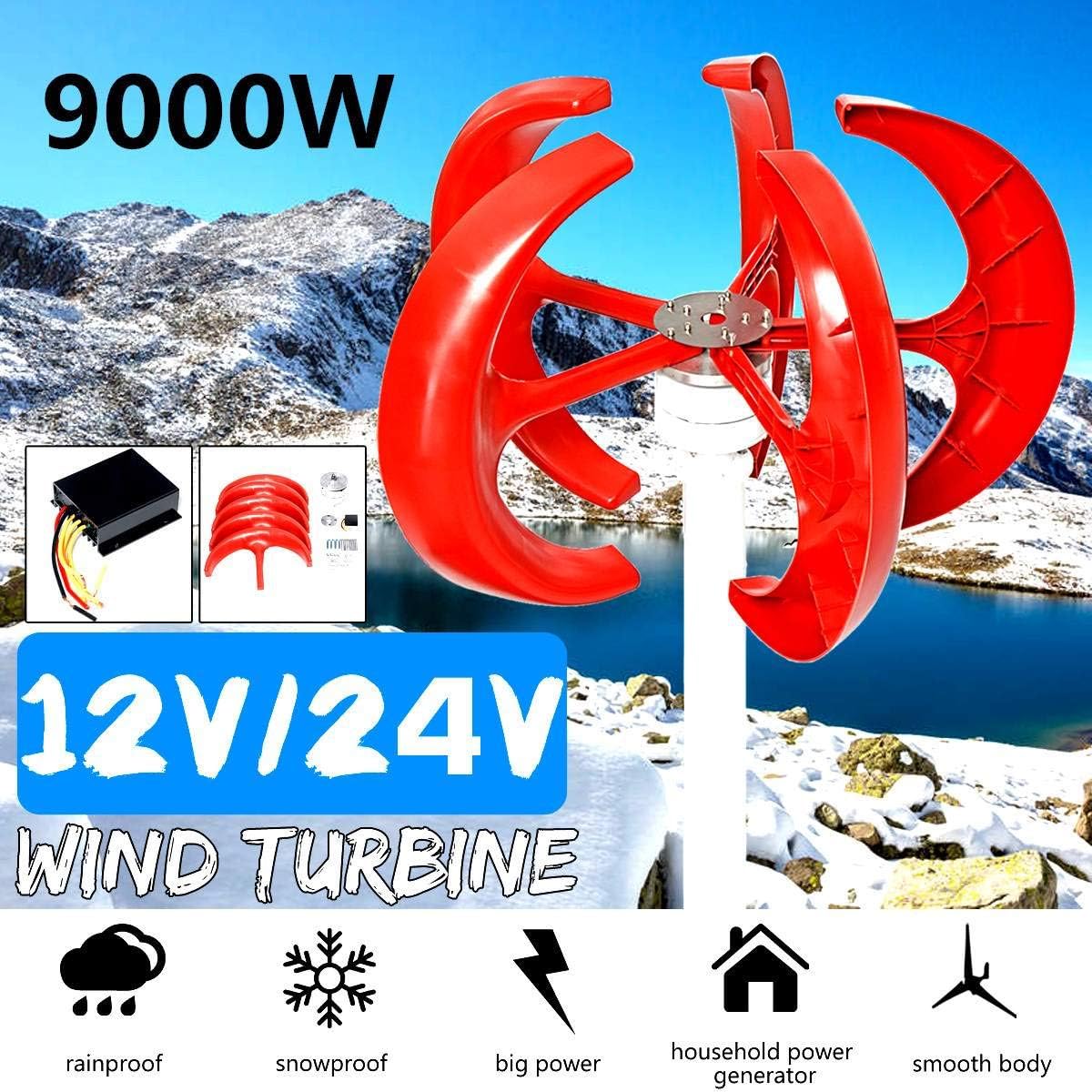 9000W Vertical Axi Wind Turbines Generator Lantern 12V 24V 5 Blades Motor Kit for Home Hybrids Streetlight Electromagnetic