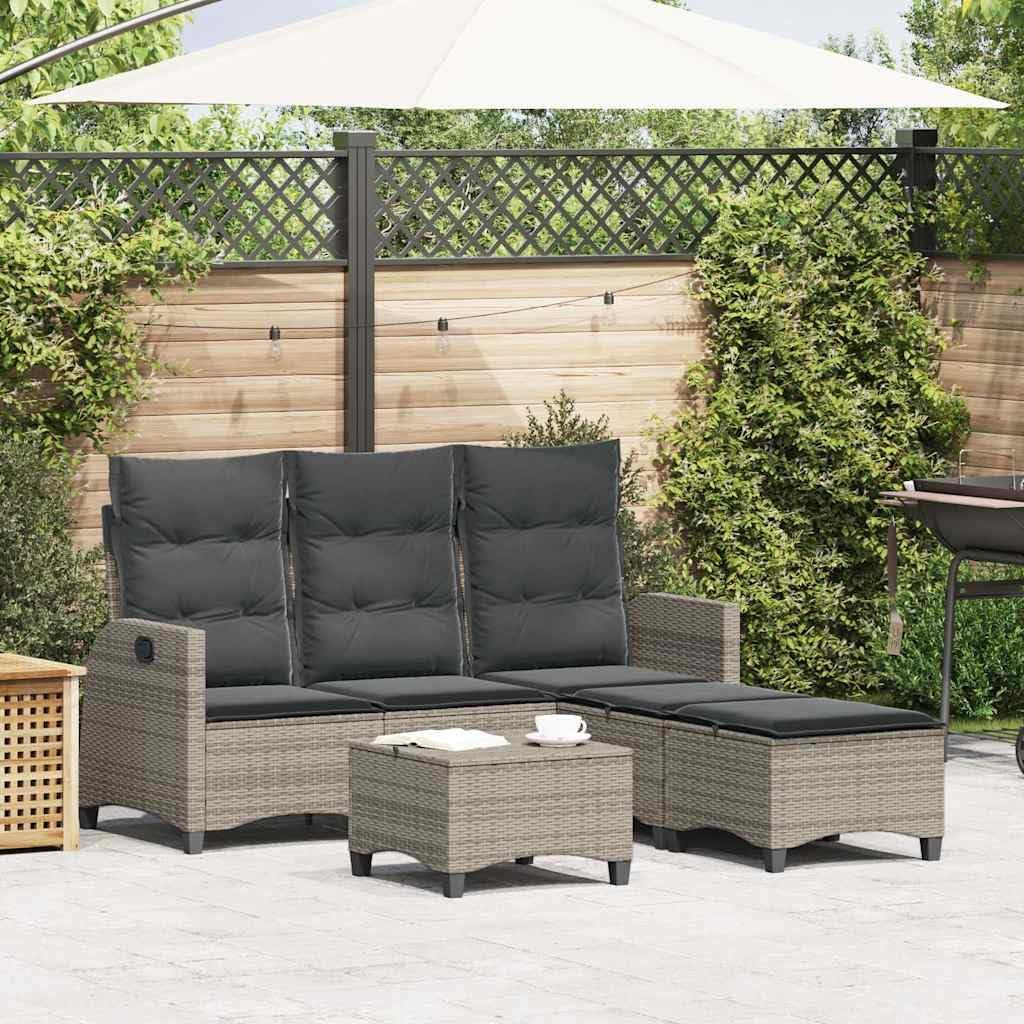 Garden Sofa Set Grey PE Rattan, L-Shaped Outdoor Sectional with Adjustable Armrests, 5-Person Patio Furniture for Deck, Balcony, Terrace