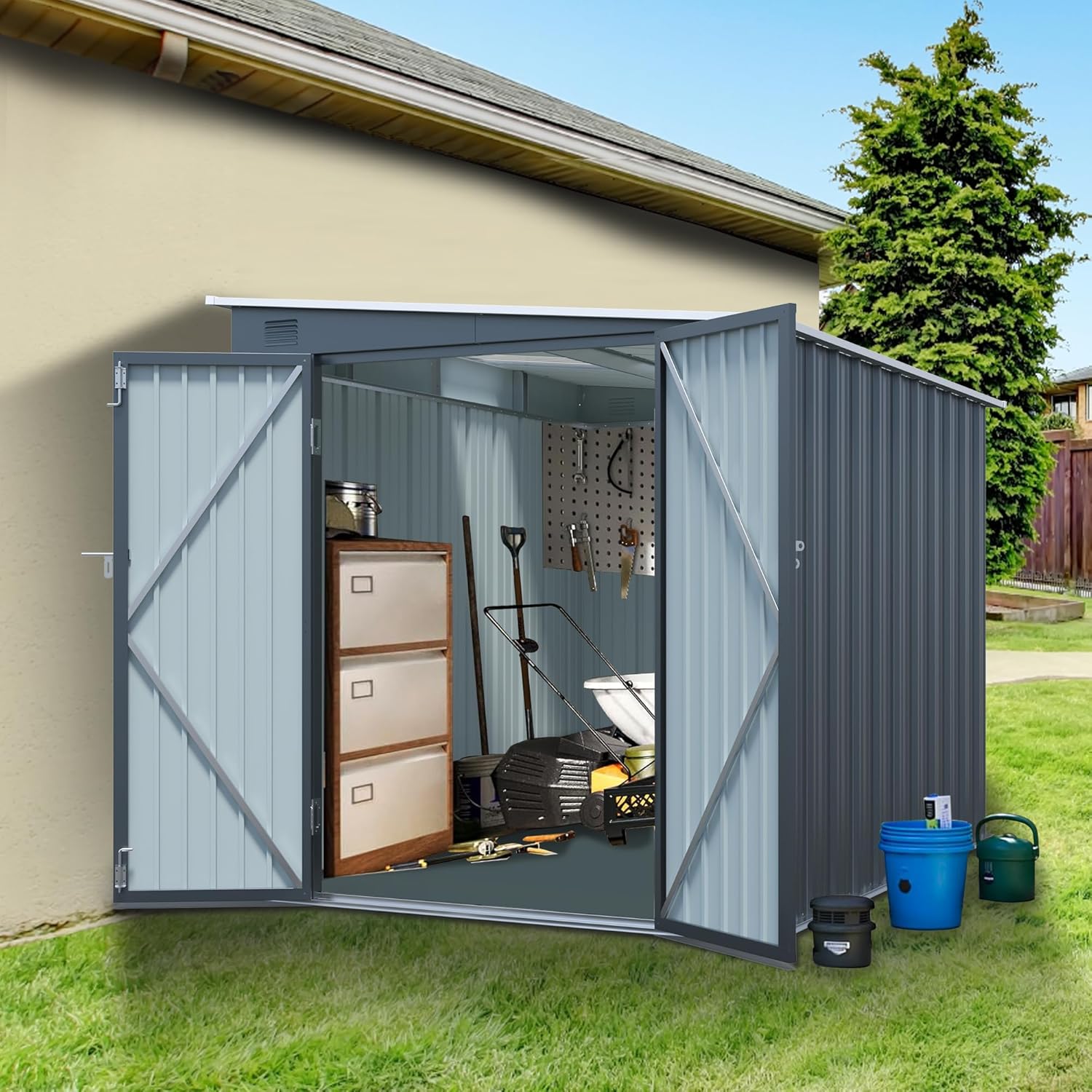 6x8 FT Galvanized Steel Storage Shed,Outdoor Waterproof Large Backyard Shed House W/with Lockable Double Doors,Heavy-Duty Lean to Shed W/PC Light Board,Tool Buildings for Garden,Lawn,Black