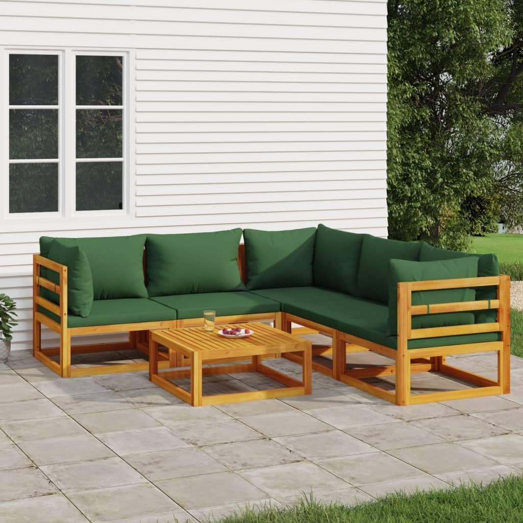 6-Piece Garden Lounge Set, Solid Acacia Wood, Green Cushions, Oiled Finish, Outdoor Patio Furniture Set for Balcony, Deck