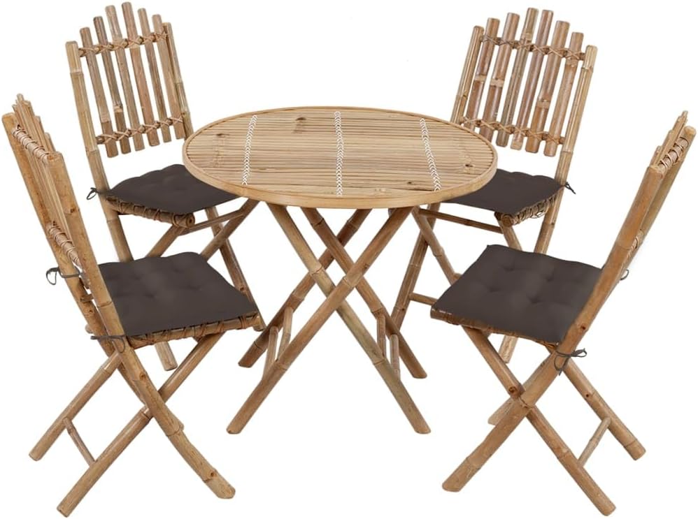 Folding Patio Dining Set, 4-Person Natural Bamboo Table & Chairs, Rustic Finish, 31.5