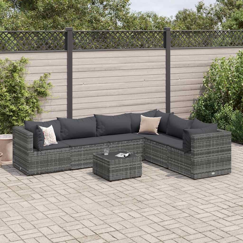 7 Piece Patio Lounge Set with Cushions Gray Poly Rattan, Patio Furniture Sets, Outdoor Furniture