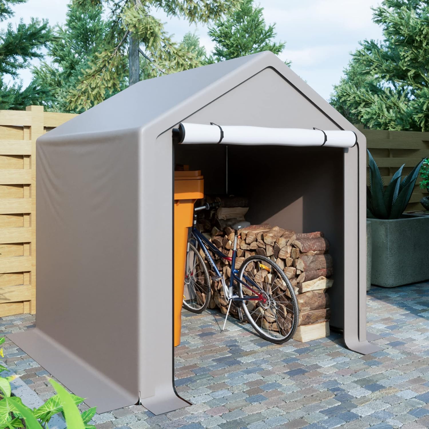 6 x 6 ft Portable Outdoor Storage Tent Shelter Shed, Heavy Duty Storage Tent with Roll-up Doors Shelter for Garden Tool, Lawn Mower, Motorcycleand, Bike - Gray