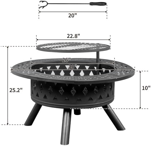 SwingIt 38 Inch Fire Pit with Grills, Large Outdoor Firepits for Outside, Wood Burning Fireplace for Camping,Picnic,Bonfire, 3-in-1 Round Metal Table with Lid for Backyard,Patio,Party