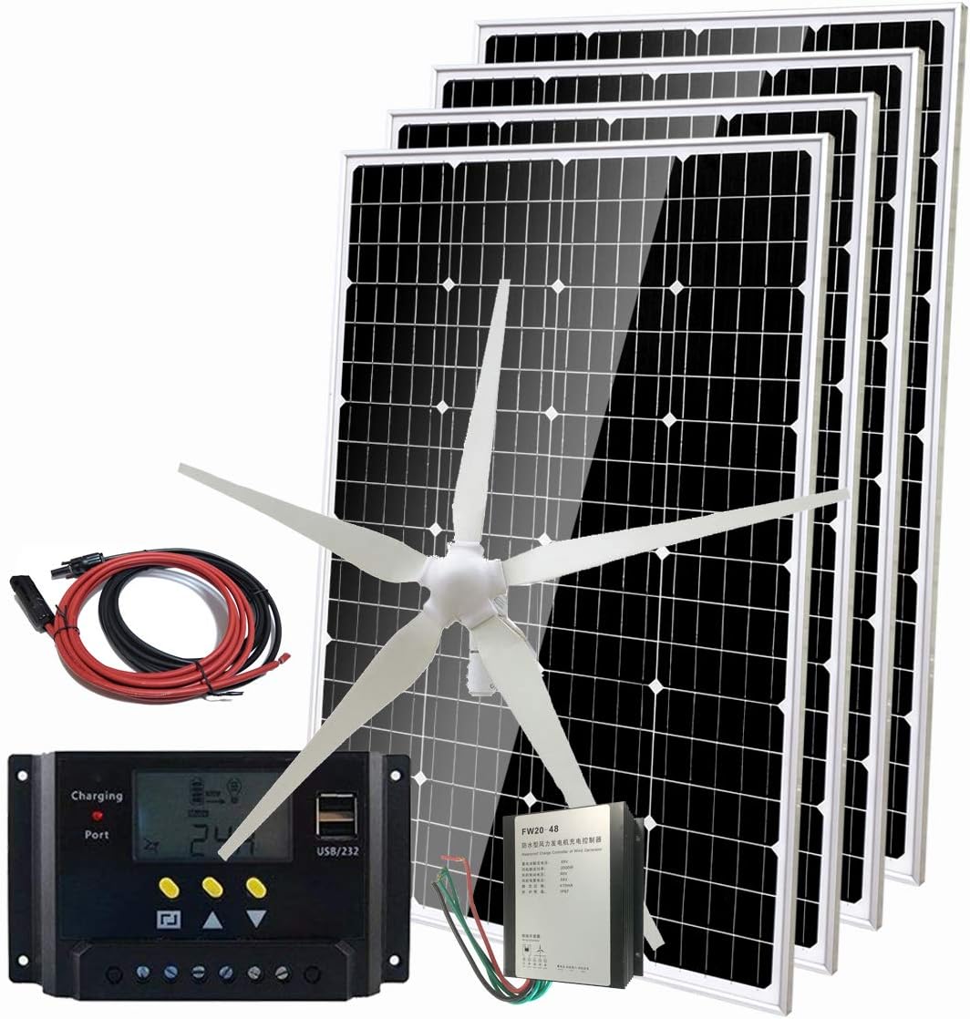 1080W Solar Panel Wind Turbine Generator Kit 48V Battery Charging Kit for Home: 4pcs 120W Mono Solar Panel/600W Windmill/PWM Charge Conroller/Cable