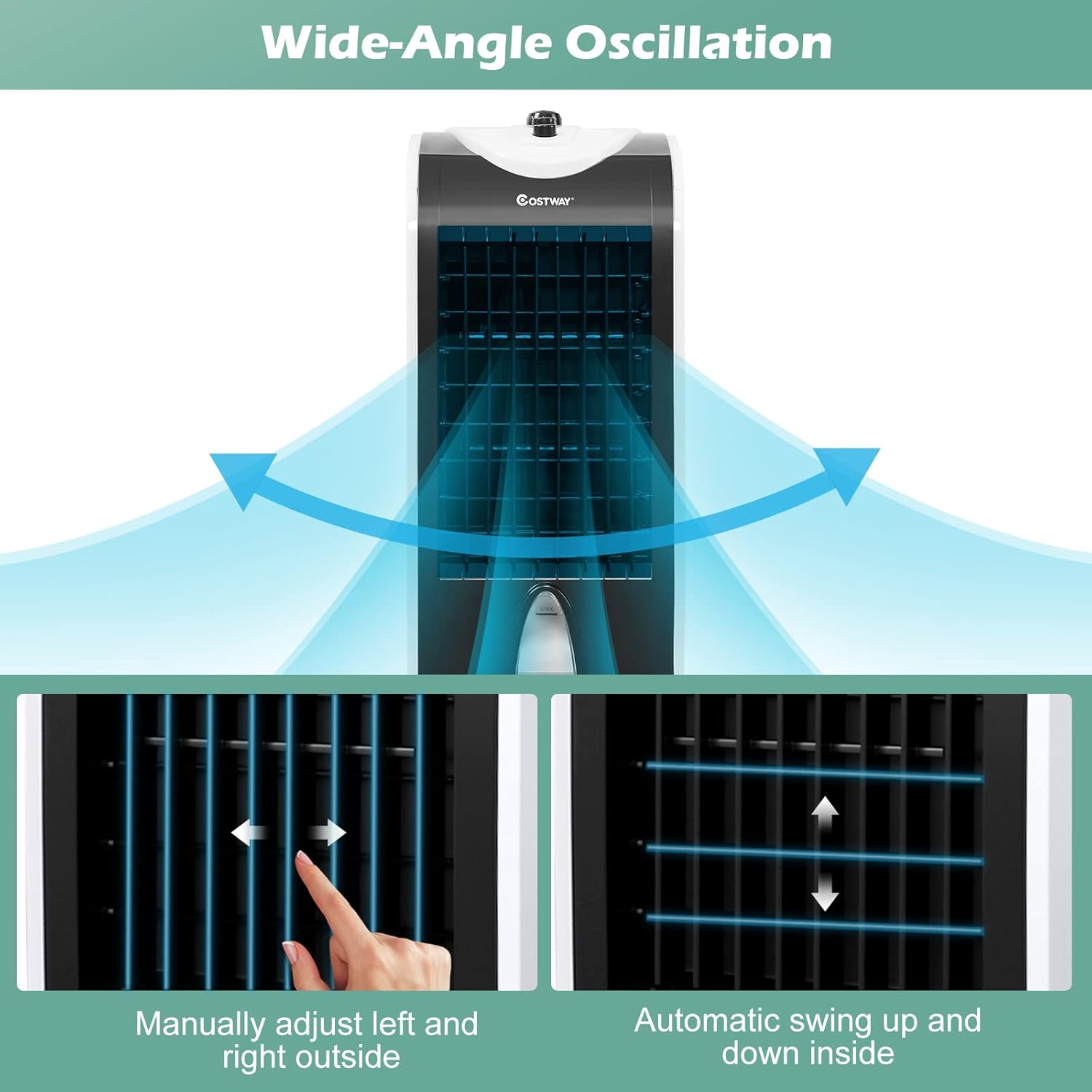 ARLIME Evaporative Air Cooler, Portable Cooling Fan with Humidifier, 28 Inches 7.5H Timer Knob Control 3 Wind Speed & 3 Mode with 4 Wheels and 2 Ice Boxes for Home Office Dorms