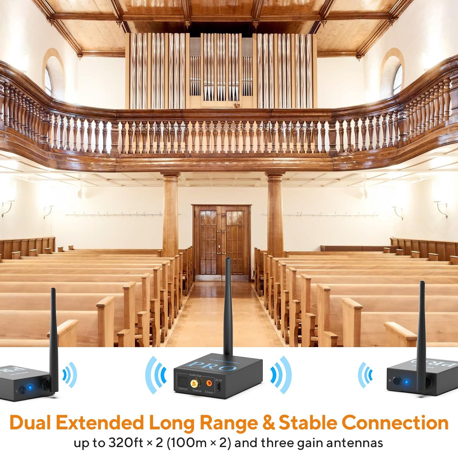 1Mii 3-in-1 2.4Ghz Wireless Audio Transmitter Receiver for 2 Subwoofer/Active Speaker/Power Amplifier, 20ms Low Latency, 320ft Range, Optical/Coaxial/3.5mm(RCA) Audio Input/Outpu