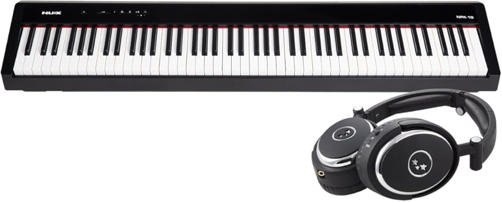 NUX NPK-10 Portable Digital Piano Keyboard With Bluetooth and Damper Pedal, 12 Sounds, MIDI | Graded Hammer Action Weighted 88 Keys | True Fidelity Foldable Noise Cancelling Headphones Bundle