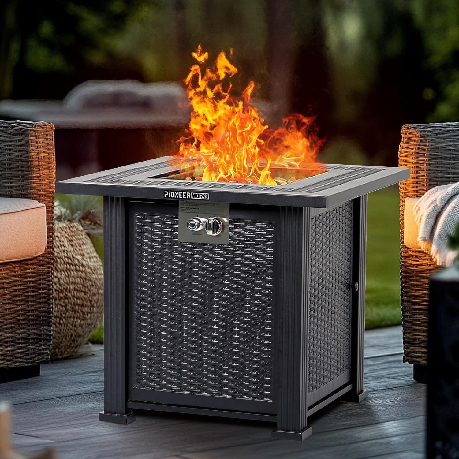 28 Inch Propane Fire Pit, CSA-Listed Outdoor Gas Fire Pit, 50,000 BTU Steel Fire Table with Lid and Lava Rock, Gas Fire Pits for Patio, Stainless Steel Burner Head for Warmth Ambiance Black