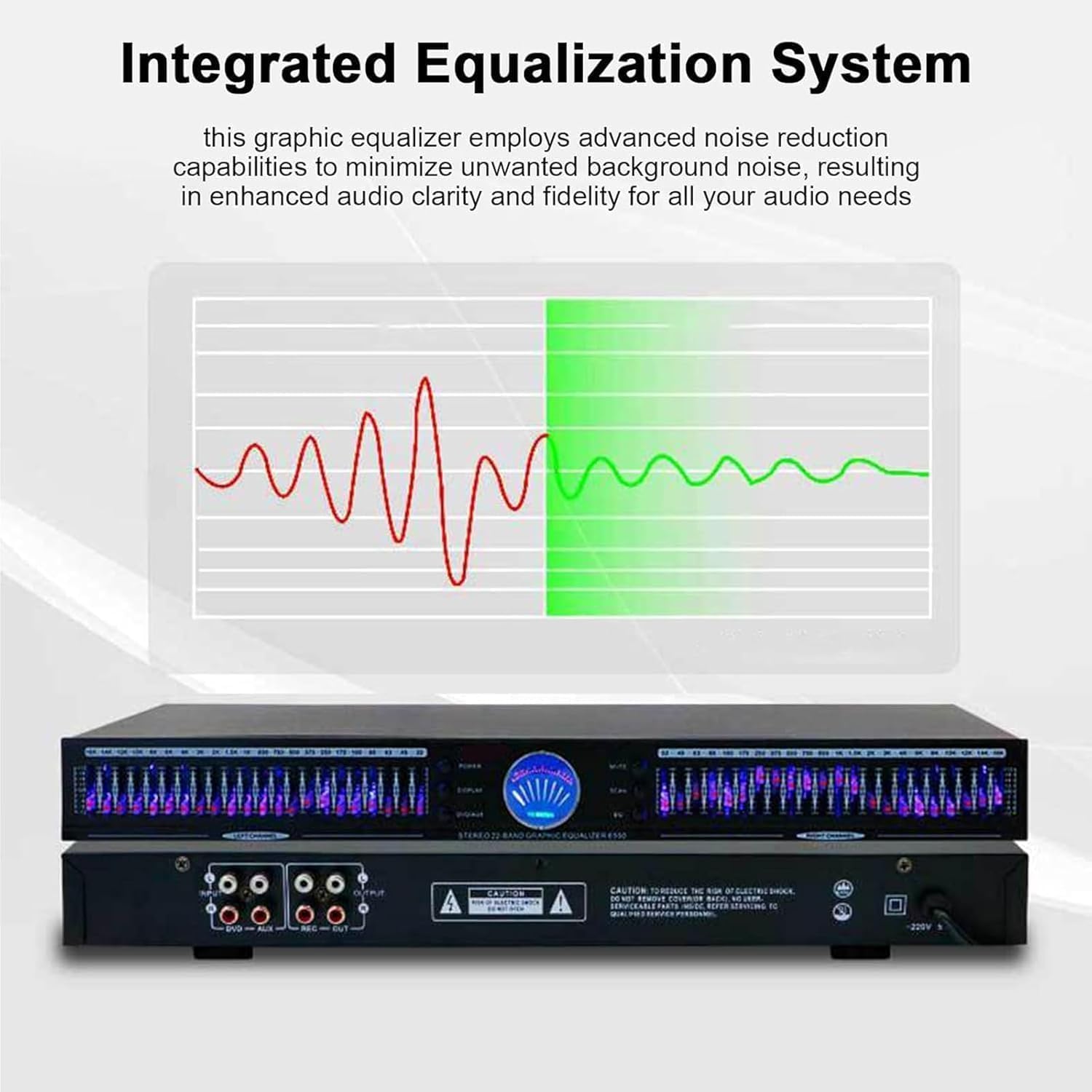 22-Band Audio Equalizer, Stereo Graphic Equalizer with flashing lights, 1U Rack Mount, with 10 Preset Effects, Hifi Home EQ Tuning Noise Reduction, Low/Mid/Treble Adjustment, for Recording Studio