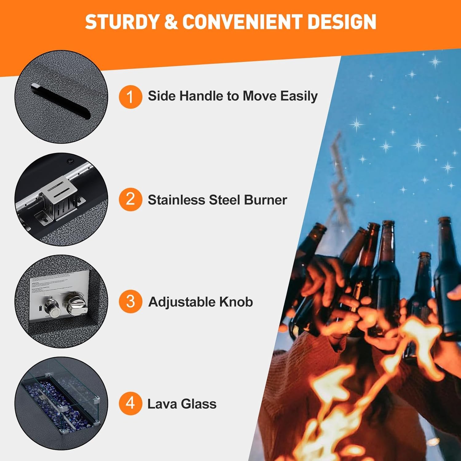 GarveeLife 48 in Outdoor Fire Table, 48 in Rectangle Propane Gas Fire Pit Table, 50,000 BTU Modern Firepit with 16 in Tank Cover Side Table, Wind Guard, Fire Glass, Rain Cover