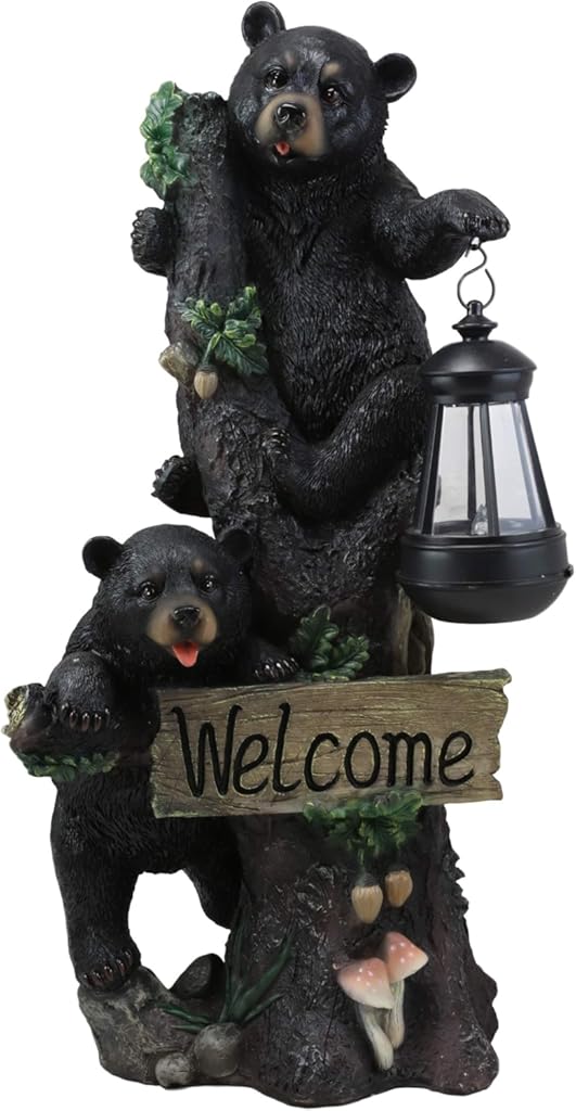 Ebros Climbing Black Bear Cubs Garden Light Statue Figurine Solar LED Lantern Light Welcome Sign Guest Greeter Decor for Patio Poolside Garden Home