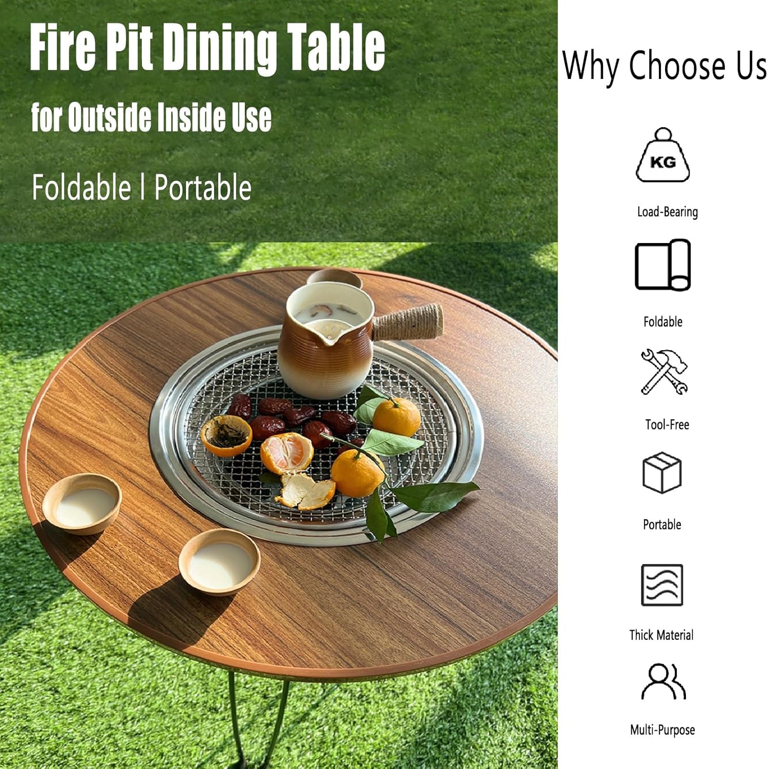 Small Outdoor Fire Pit Folding Table, Portable Fire Pit Wood Burning with Round Wood Tabletop, Lightweight Firepits for Outside Bonfire and Picnic