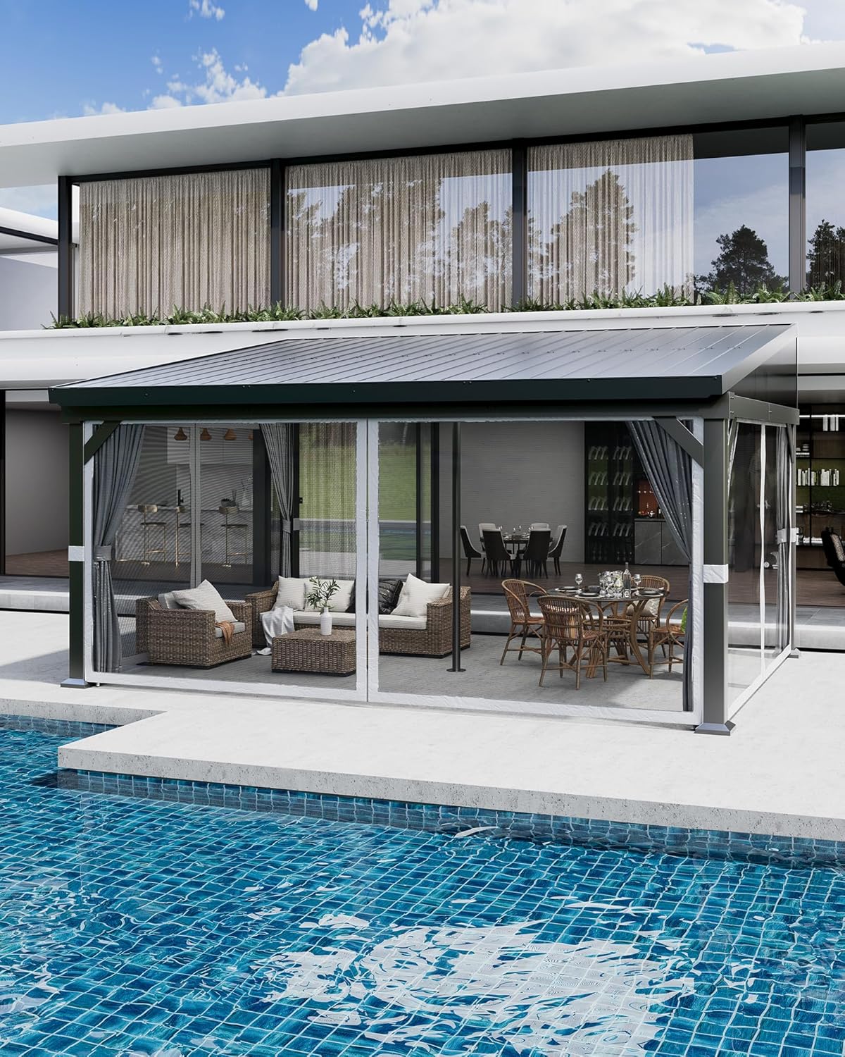 10'x14' Wall-Mounted Lean-to Gazebo with Galvanized Steel Roof, Gutters & Sliding Netting/Curtains – Hardtop Metal Pergola Canopy for Patio, Backyard, Garden, or Carport – Weather-Resistant & Durable