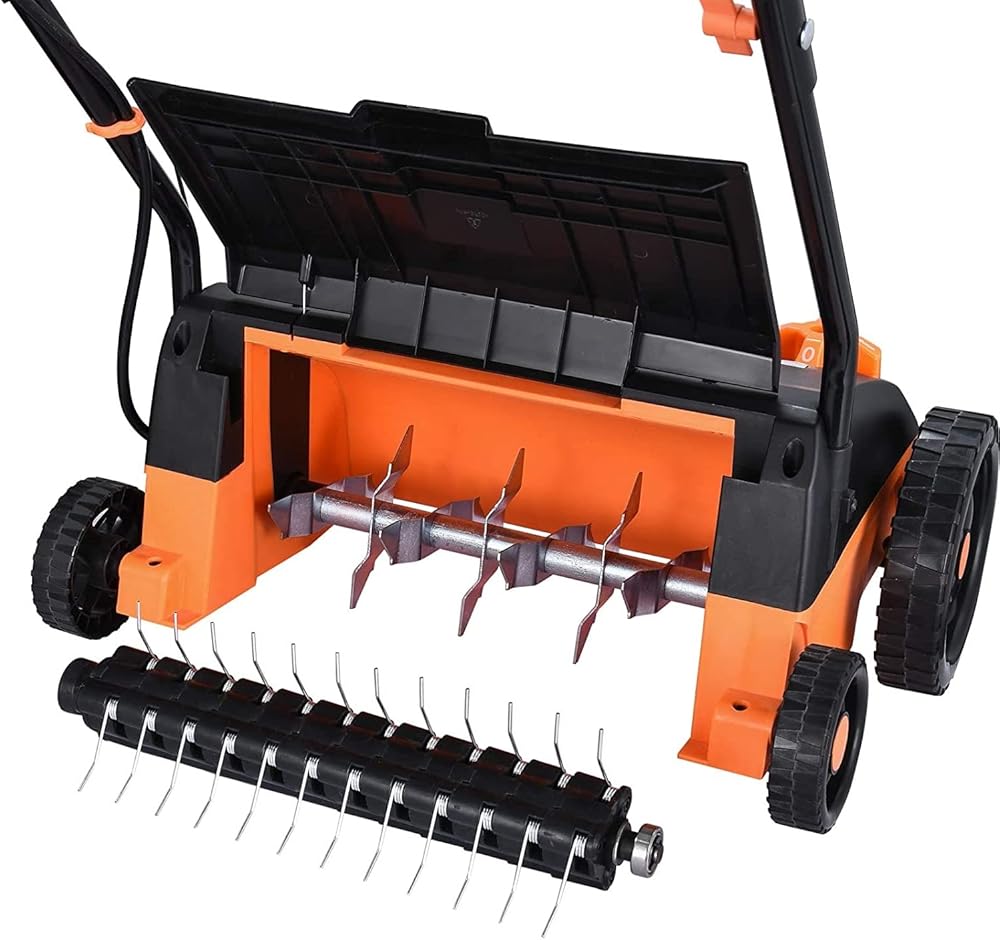 Lawn Dethatcher & Scarifier, 11 Amp Electric Lawn Dethatcher with a Replacement Raking, 4 Central Adjustable Heights, Tool-Free Assembly, 8 Gallon Grass Collection Bag 12 Inch Working Width, N-11