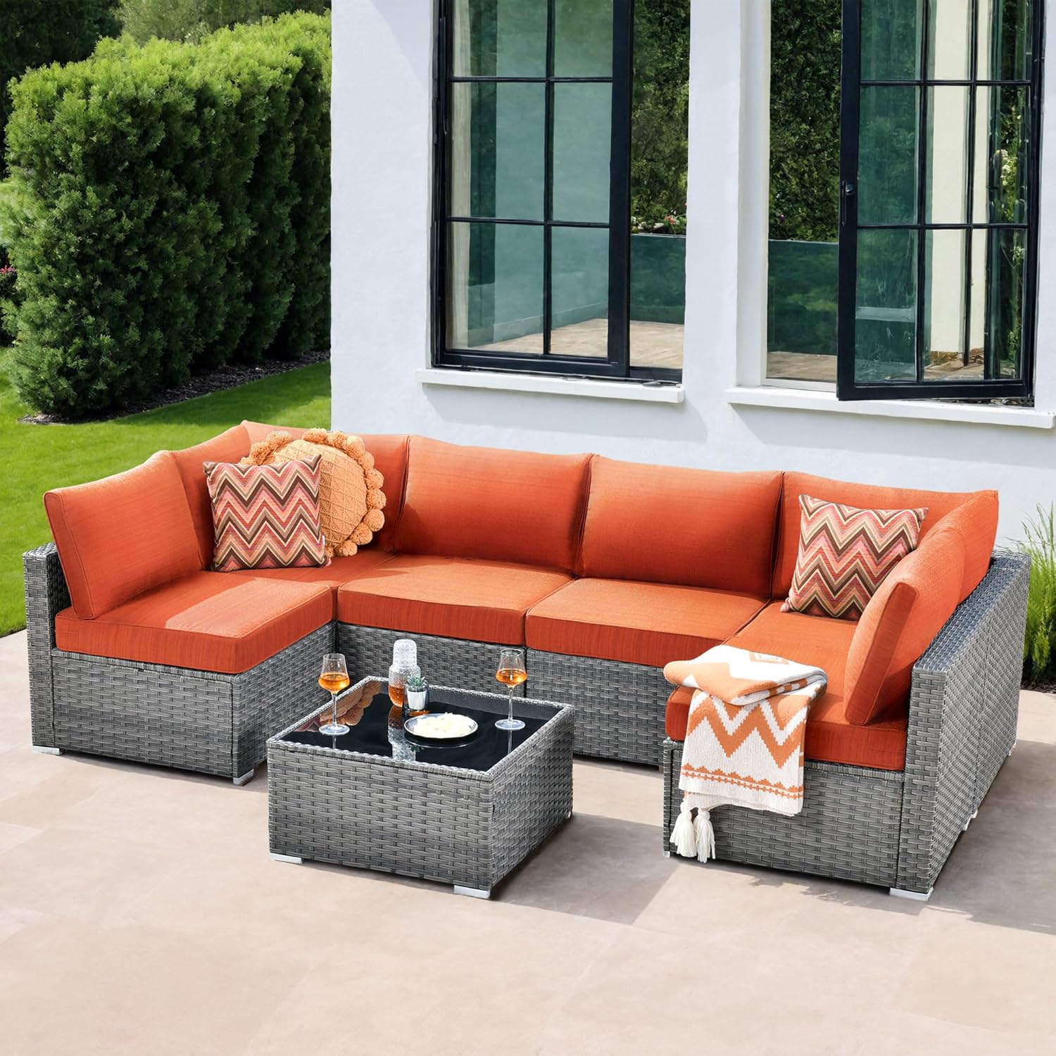 7 Pieces Patio Coversation Set, Outdoor Furniture Modular Couch with Coffee Table, Rattan Wicker Sectional Sofa for Porch Balcony Backyard, Orange