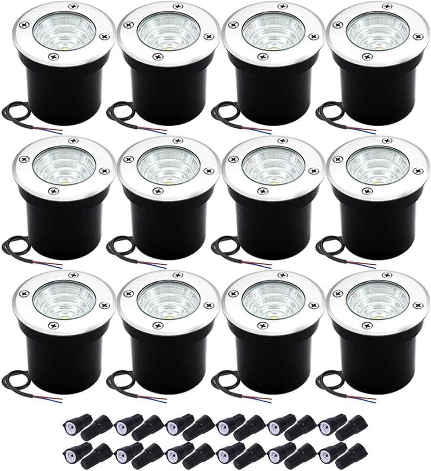 12Pack Well Lights LED Low Voltage Landscape Lights, Outdoor In Ground Light 12V-24V 5W Warm White 3000K, IP65 Waterproof Up Lighting for Pathway, Driveway, Deck, Garden, with Wire Connectors