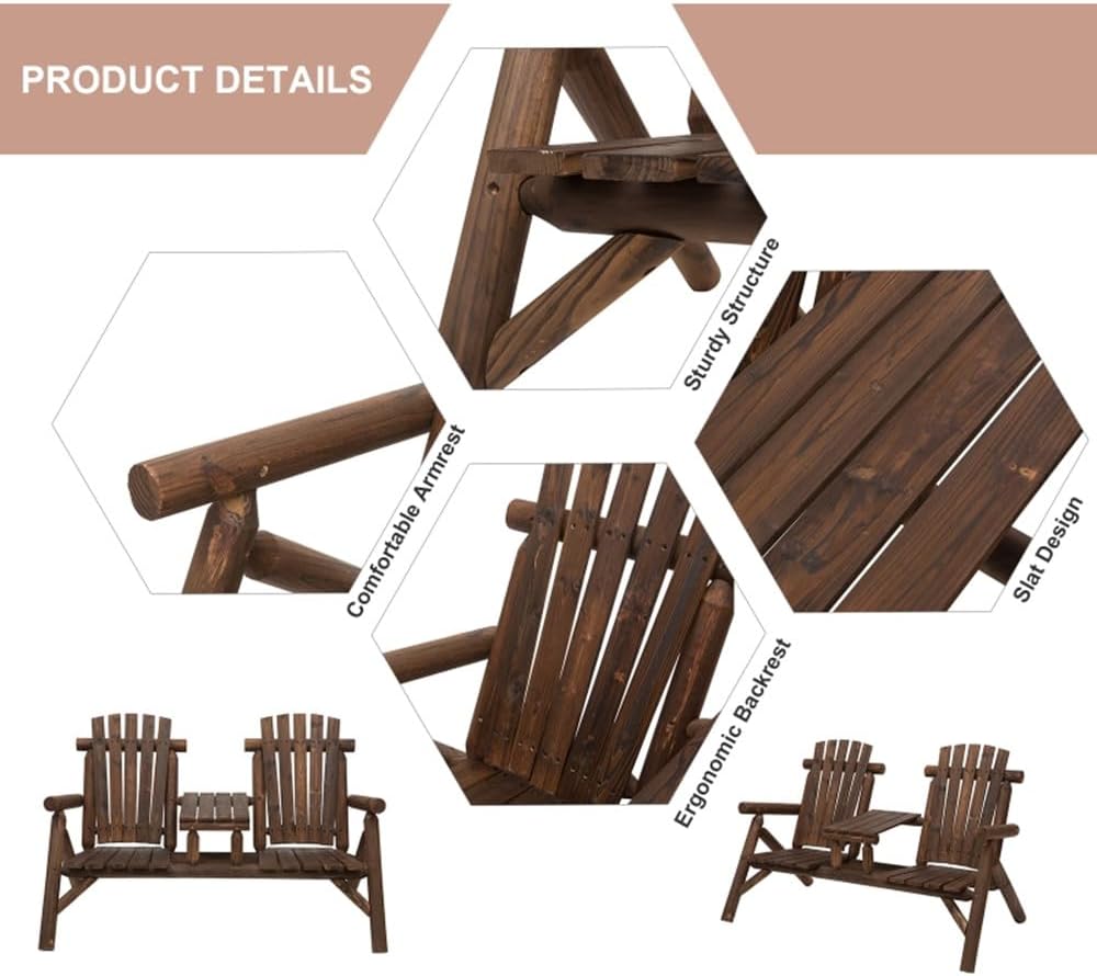 Outdoor 2-Person Wooden Adirondack Bench, Conversation Furniture Set with Patio Rustic Loveseat & Built-in Table, Carbonized Garden Bench Fire Pit Chair for Backyard Porch Pool Deck