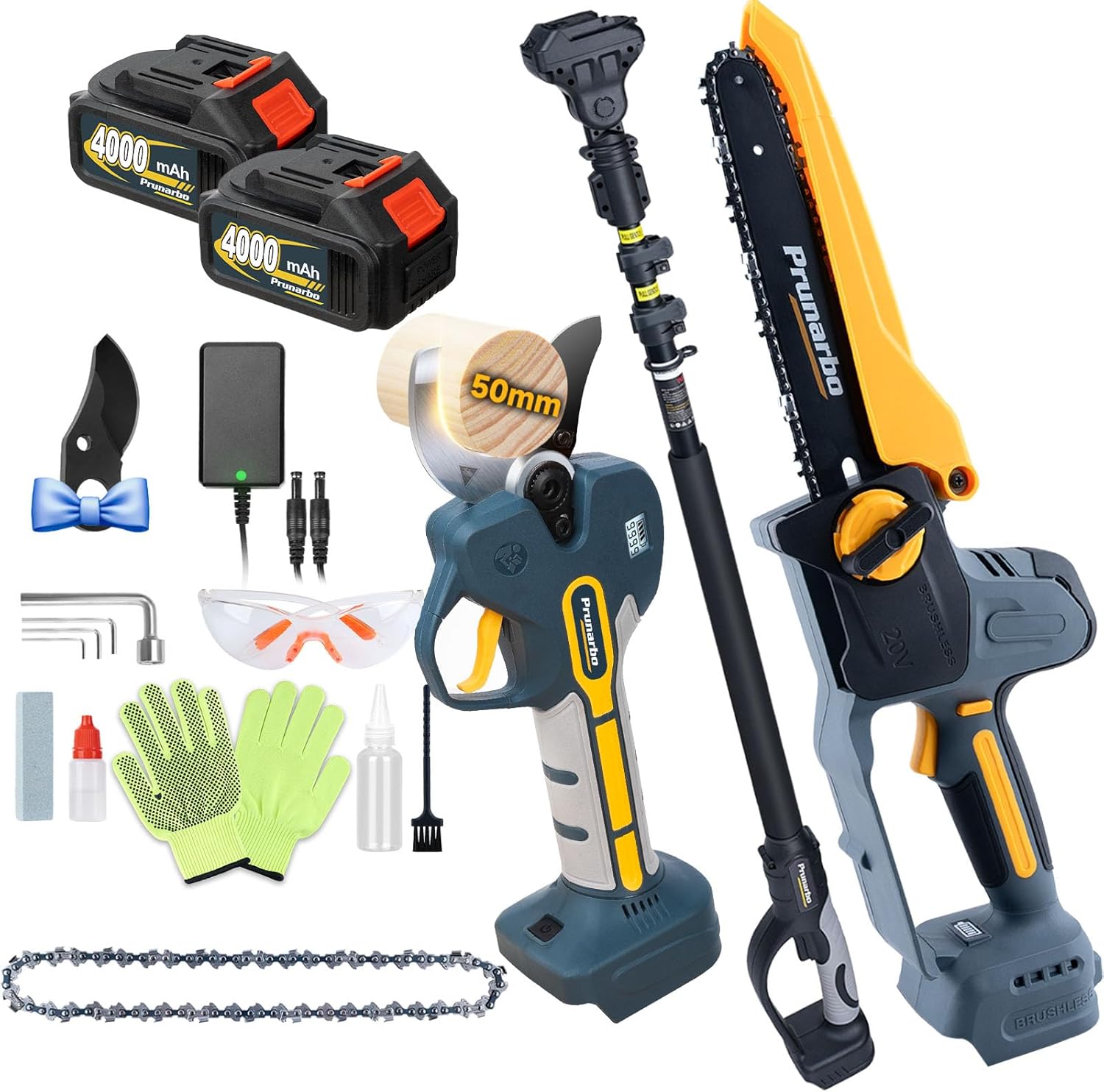 4-in-1 Pole Saw & Electric Pruning Shears, 8 Inch Handheld Saws for Tree Trimming, 2'' Cutting Diameter Cordless Pruning Shears with Extension Pole, 2 * 4.0Ah Battery Powered Pruner for Garde