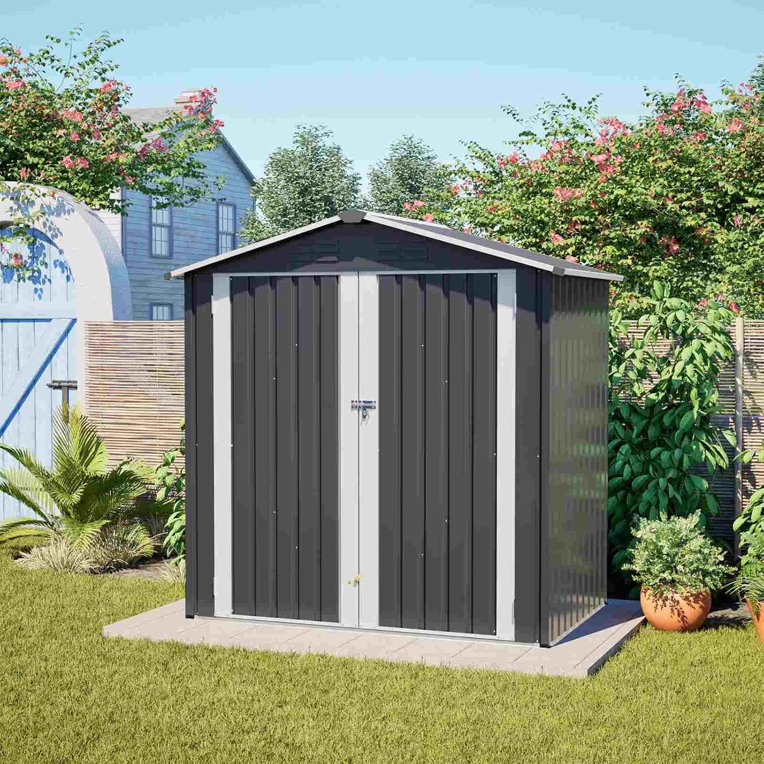 Metal Outdoor Storage Shed 6x4 FT with Lockable Door, Waterproof Garden Tool Storage House, Raised Floor Base, All-Weather Steel Structure for Backyard Patio Lawn (Gray)