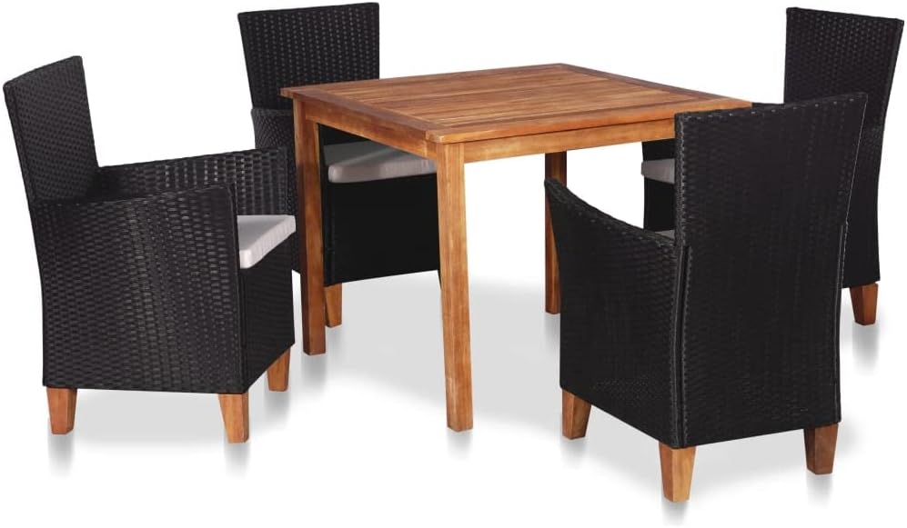 5 Piece Patio Dining Set Poly Rattan Black and Brown,Stylish Acacia Wood and PE Rattan Dining Set for Outdoor Dining Enjoyment Furniture Sets for Patio, Lawn & Garden