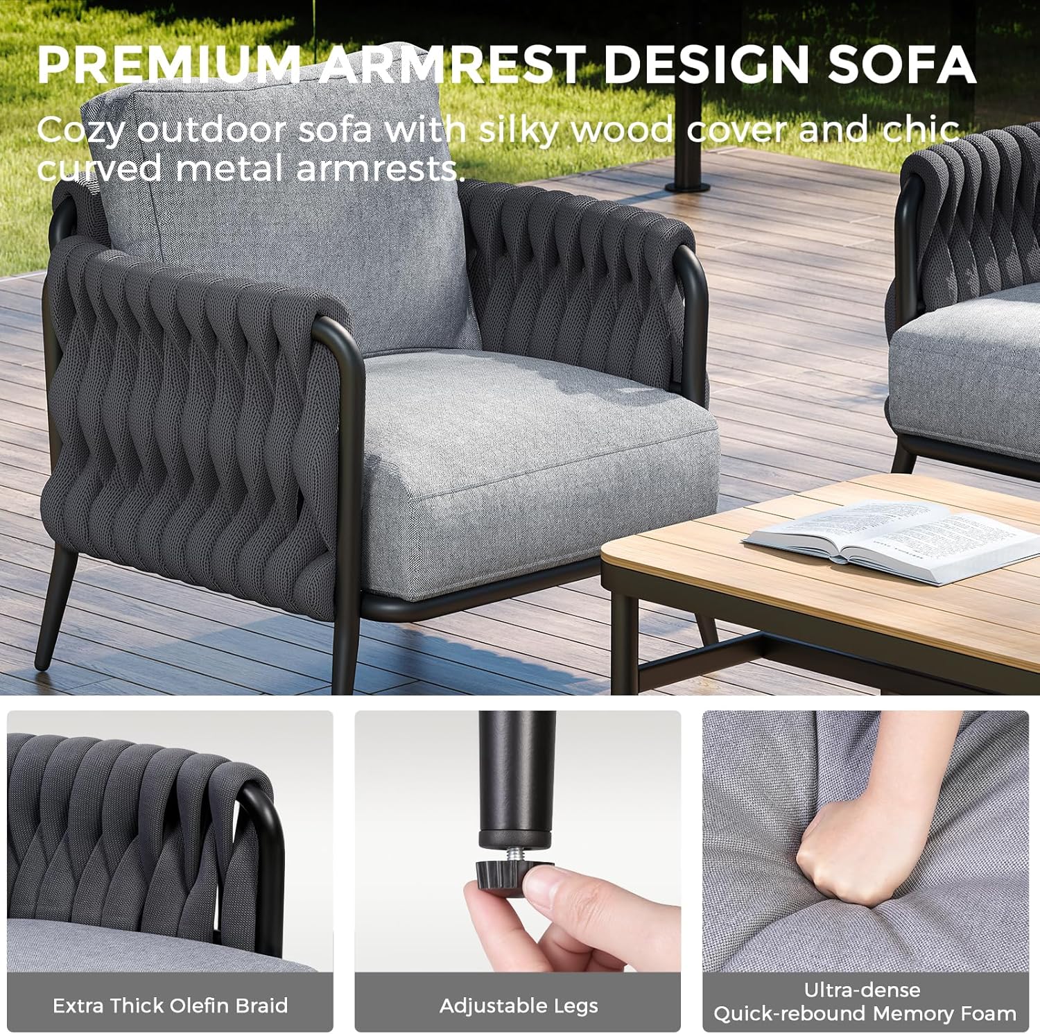 4 Seats Outdoor Patio Sofa Set with 42 Inch Gas Fire Pit Table 50000 BTU Propane Firepit for Deck Garden Backyard Balcony