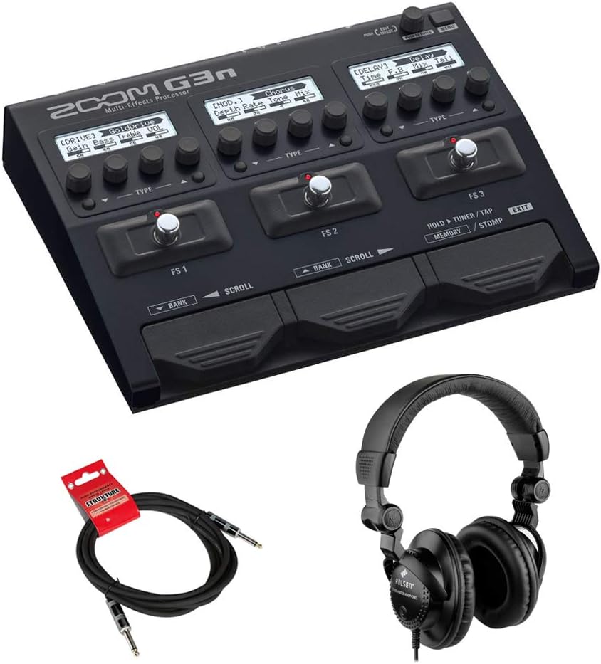 Zoom G3n Multi-Effects Processor for Electric Guitar with Polsen HPC-A30 Monitor Headphones & 10ft Instrument Cable Bundle