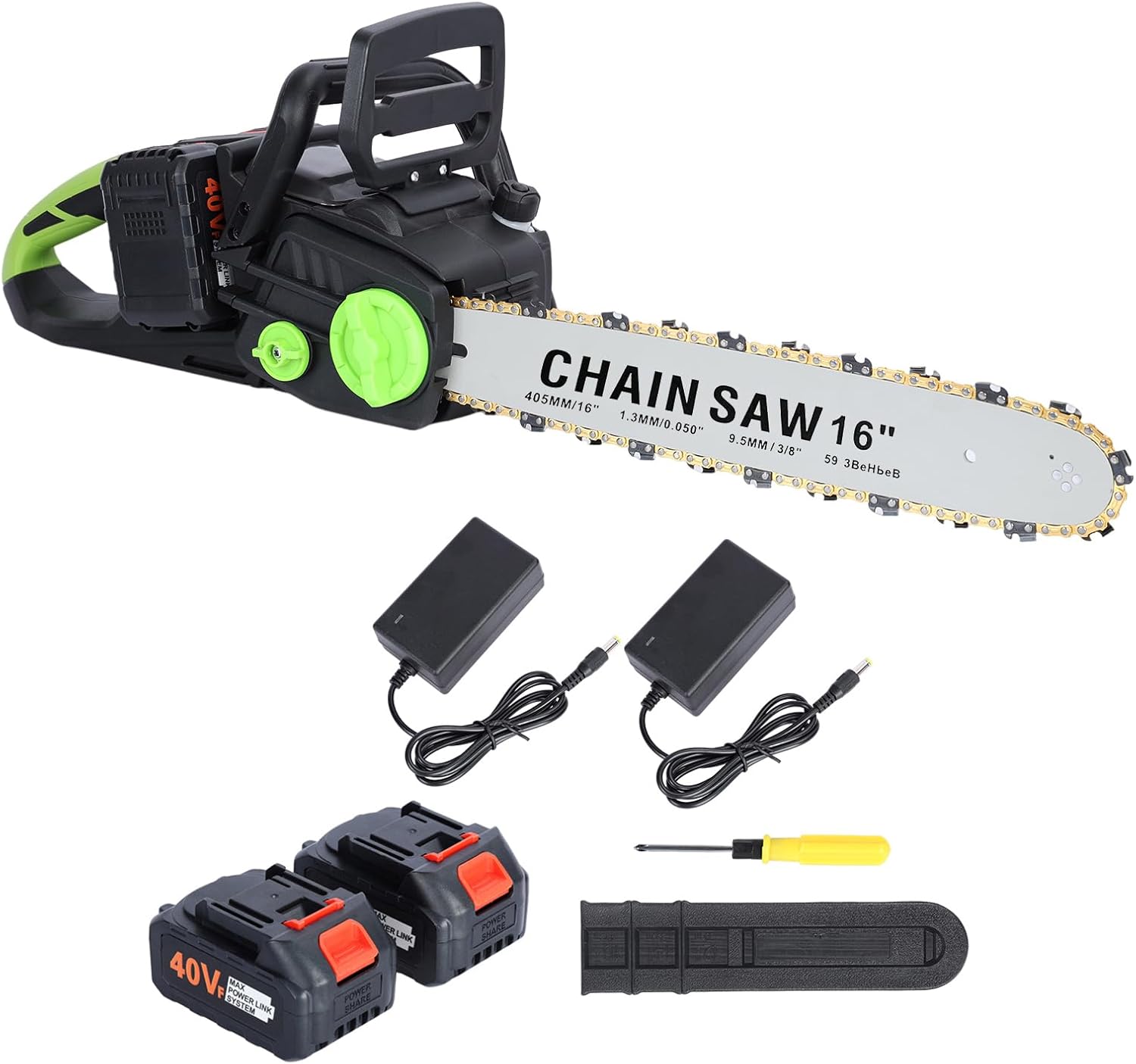 16 Inch Cordless Chainsaw - Brushless Electric Chainsaw Kit with 2 Battery & Charger, Hand Held Battery Powered Chain Saw for Wood Cutting, Logging, Tree Trimming, Green & Black, CB9E4550513