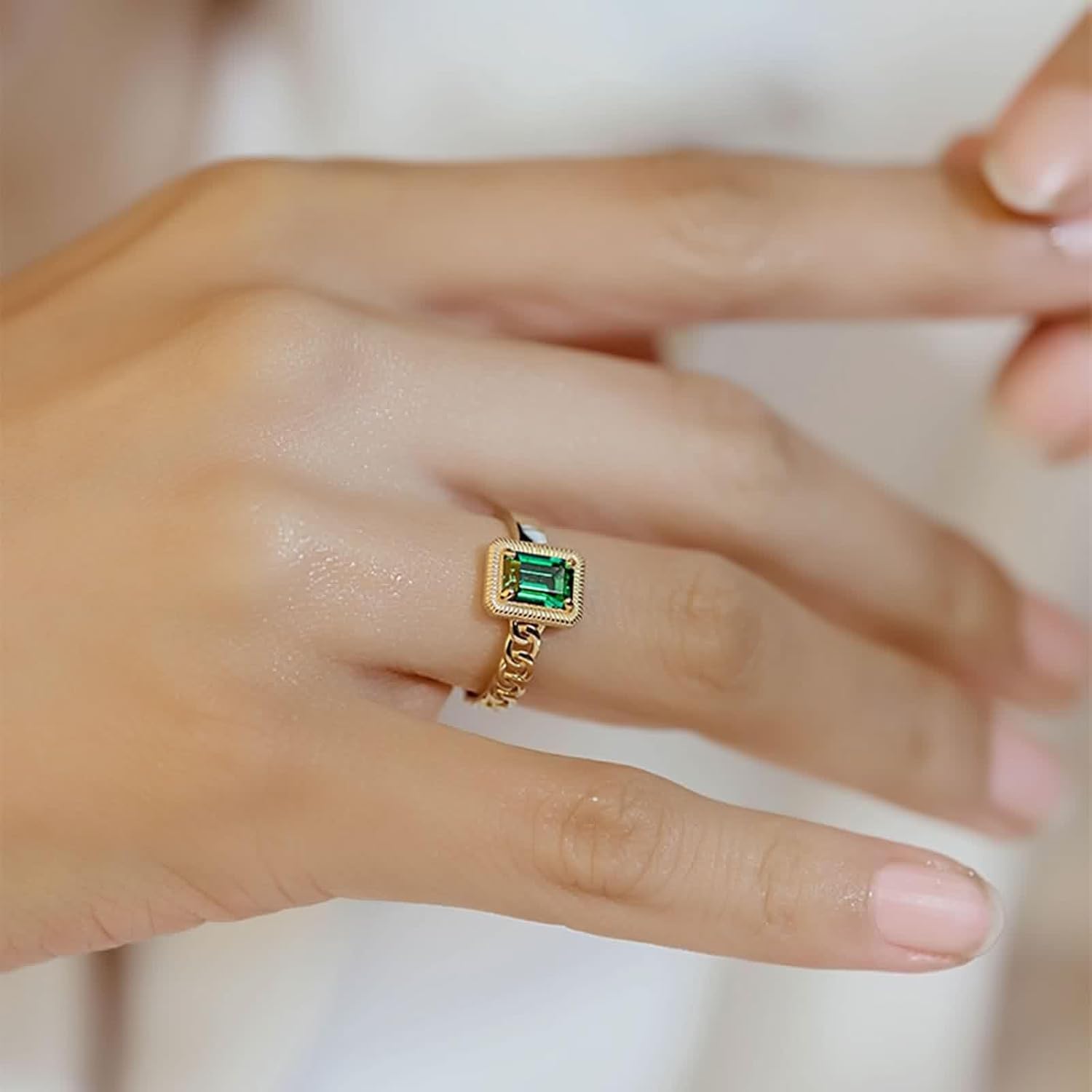 14K Yellow Gold Rings for Women, Simple Rings Tsavorite Rectangle Gold Band Birthday Gift for Her