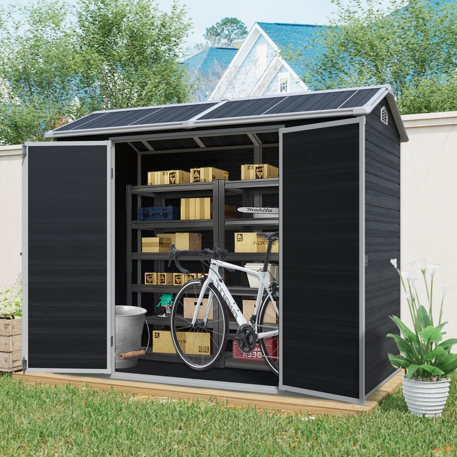 8 ft x 4 ft Outdoor Storage Shed with Two-Window and Double-Door, Plastic Shed with Floor for Garden, Patio, Yard, Lawn, Black (W540S00046)