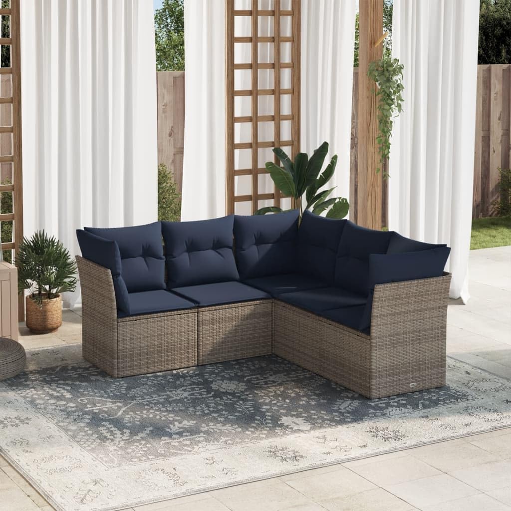 Gray 5 Piece Patio Sofa Set, All-Weather Poly Rattan Outdoor Sectional Furniture with Thick Navy Cushions, Modular Design for Backyard, Deck, and Garden