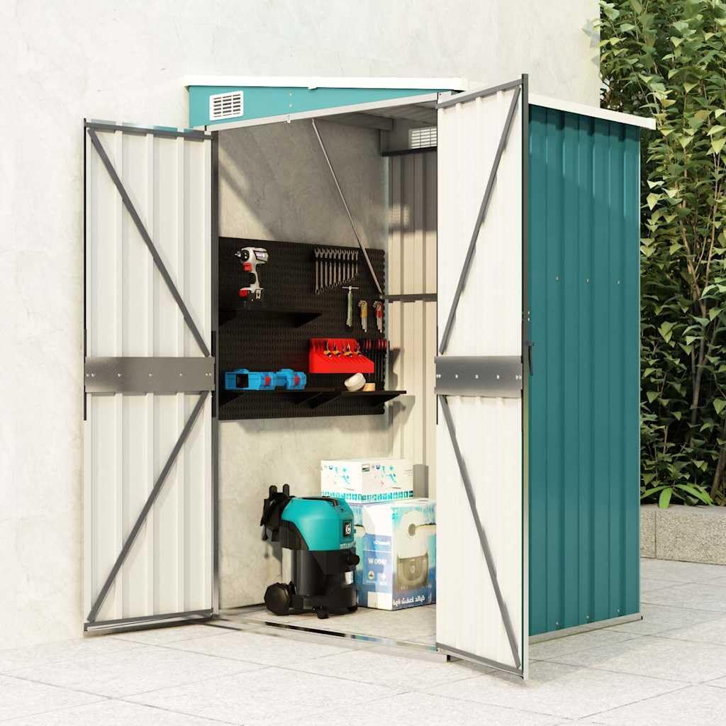 Green Galvanized Steel Wall-Mounted Medium Garden Shed for Outdoor Storage, Modern Design with Sloping Roof for Patio Backyard Garden Tools Organization
