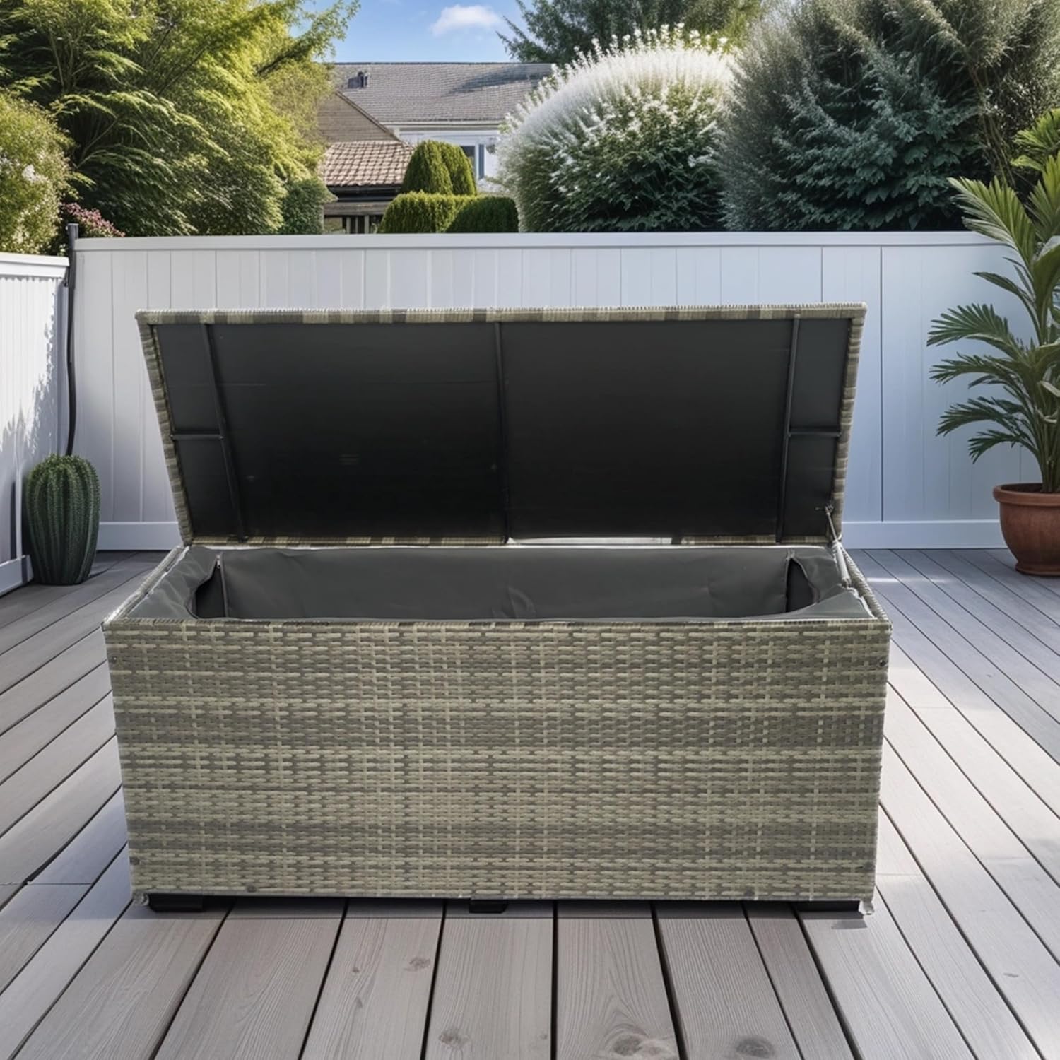 Outdoor Storage Box, 113 Gallon Wicker Patio Deck Boxes with Lid, Outdoor Cushion Storage for Toys, Pillows, Towel Grey Wicker