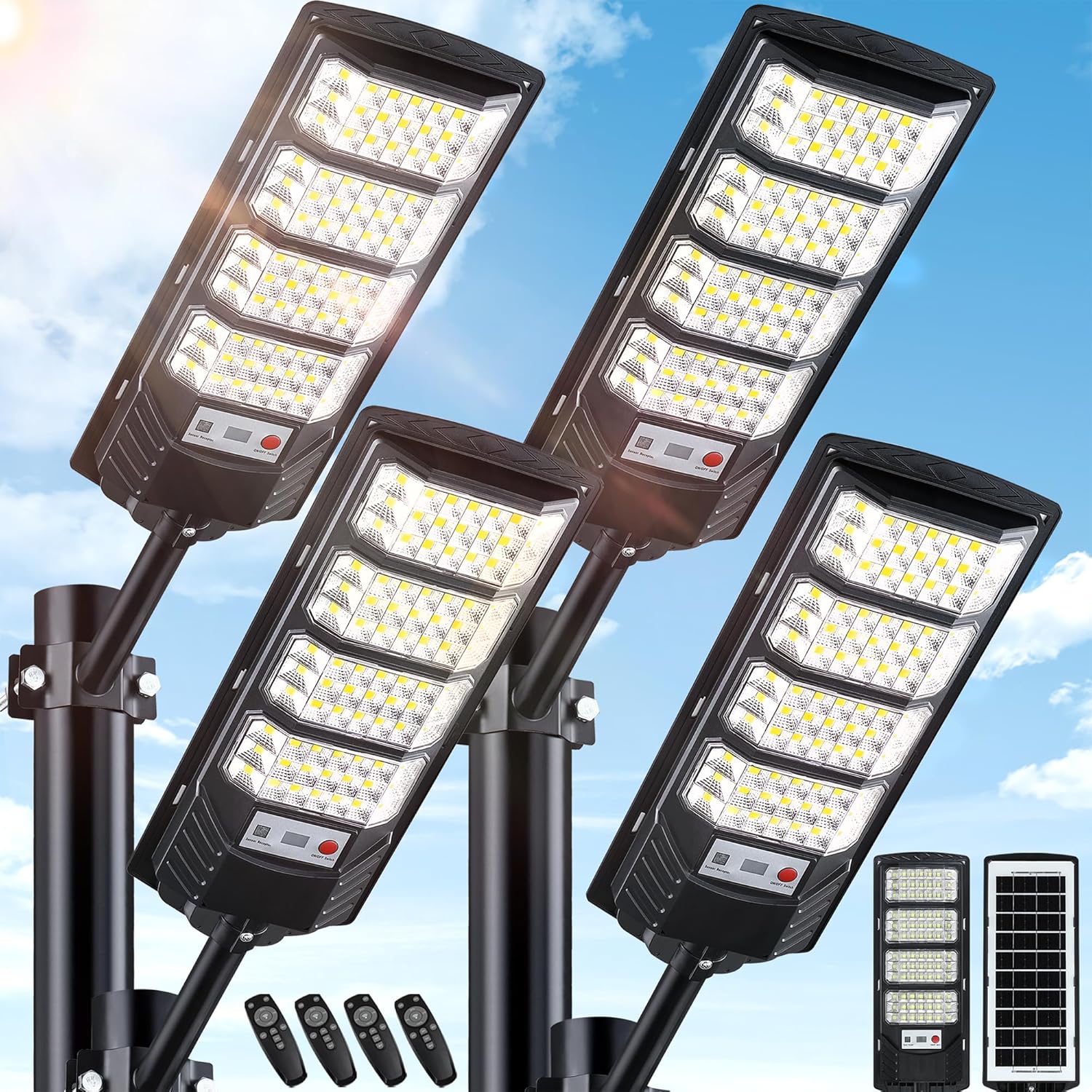 4 Pack Solar Street Lights Outdoor Waterproof, 6500K LED Motion Sensor Lights, Dusk to Dawn Solar Flood Lights with Remote,Parking Lot Light,Commercial Area Lighting for Outside
